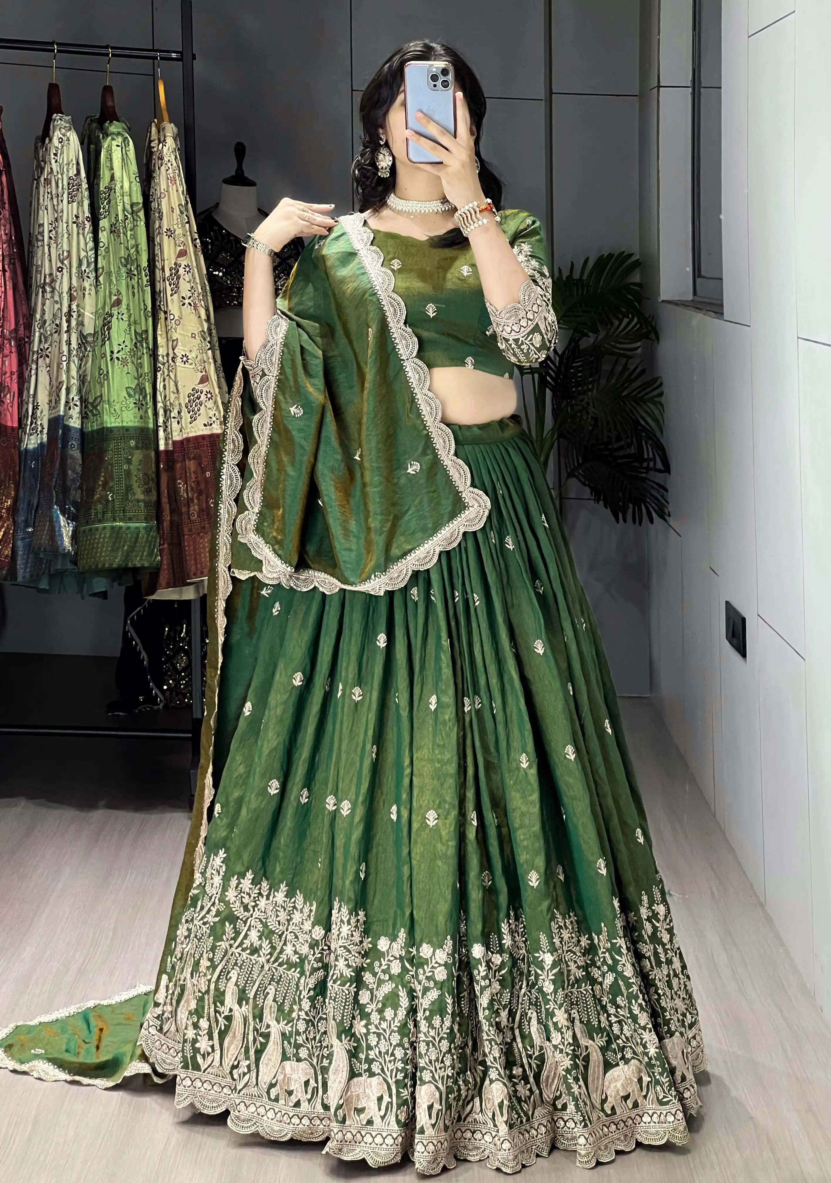 GRTN Classical Olive Green Embroidery Lehenga Choli