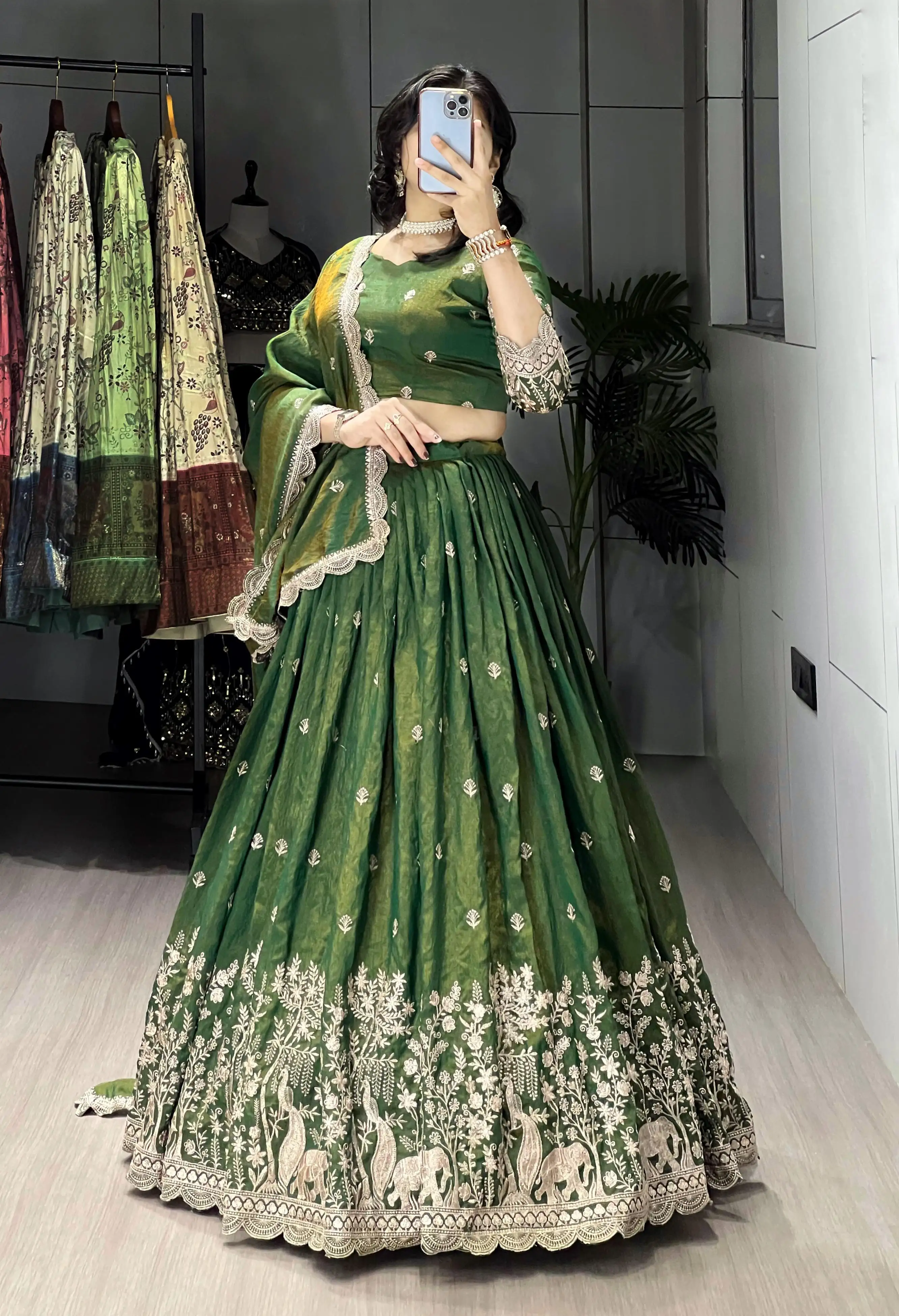 GRTN Classical Olive Green Embroidery Lehenga Choli