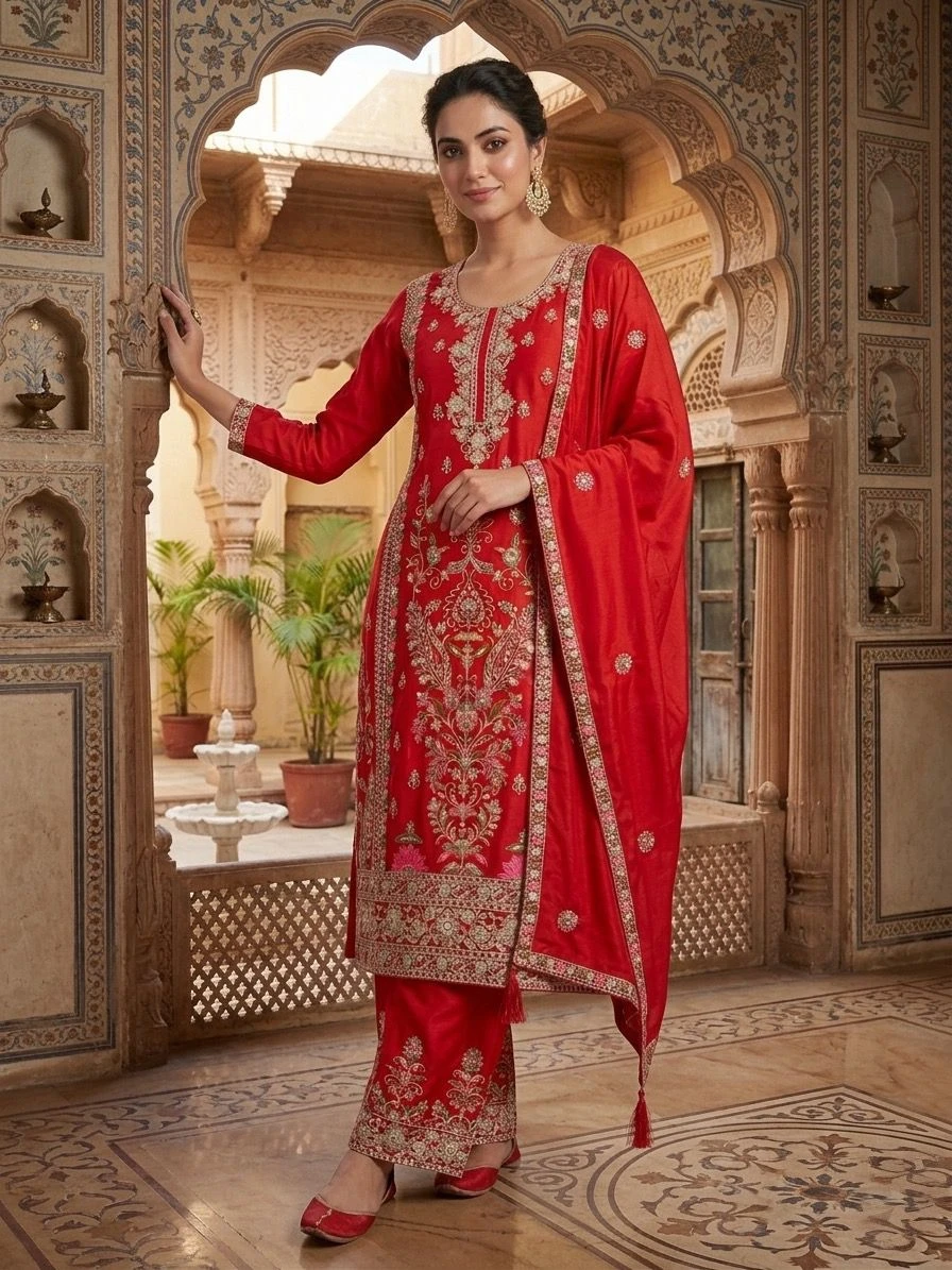 Heavy Chinnon Silk Coding Sequence Work Palazzo Suit With Dupatta