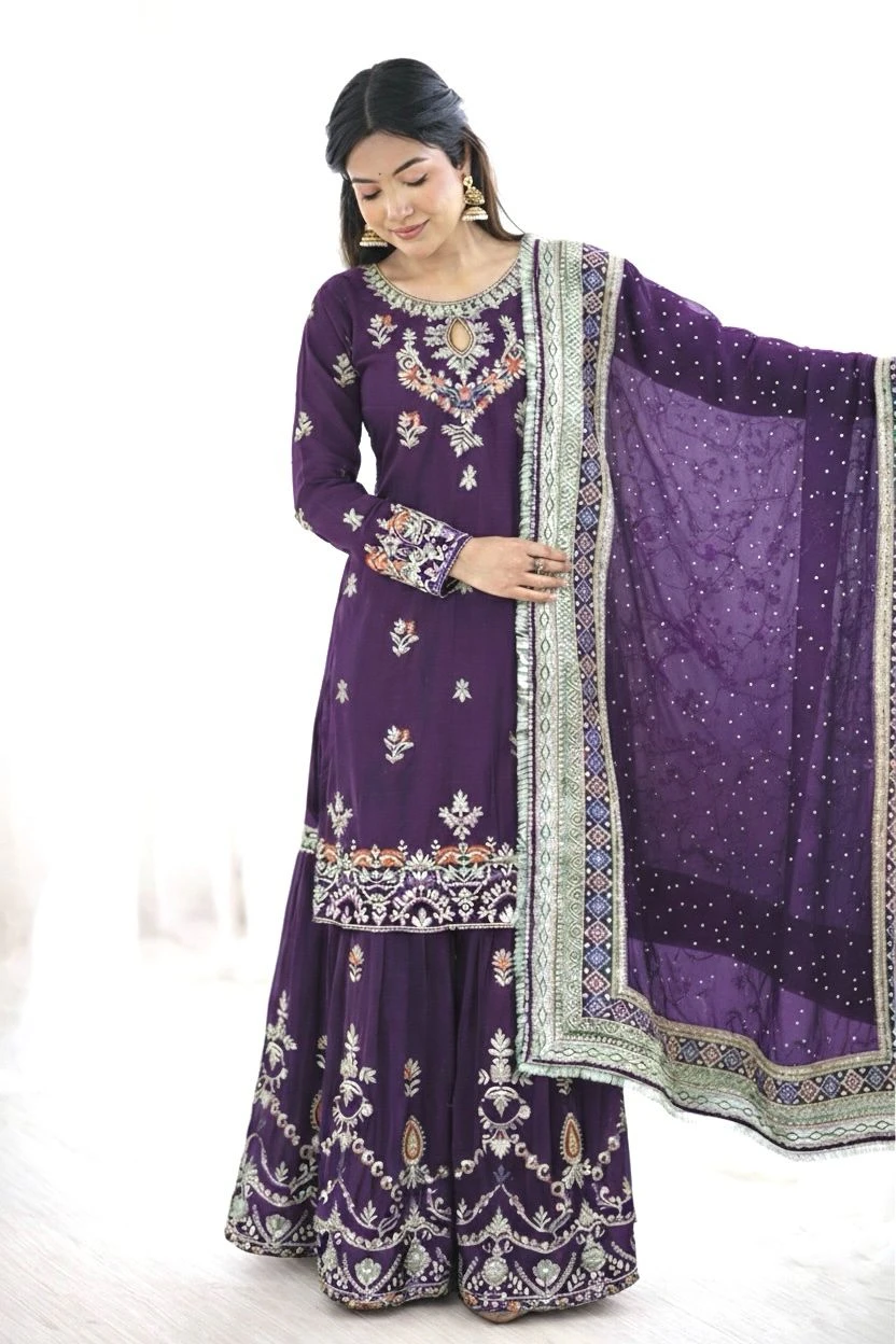 Heavy Faux Georgette Embroidery Sequence Sharara Palazzo Suit With Dupatta