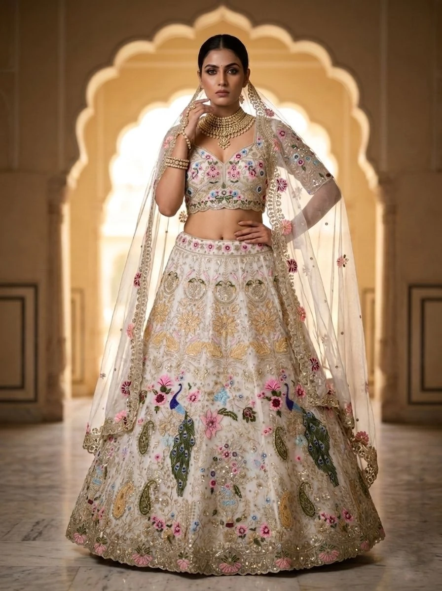 Heavy Organza Silk Sequins Cut Work Lehenga Set
