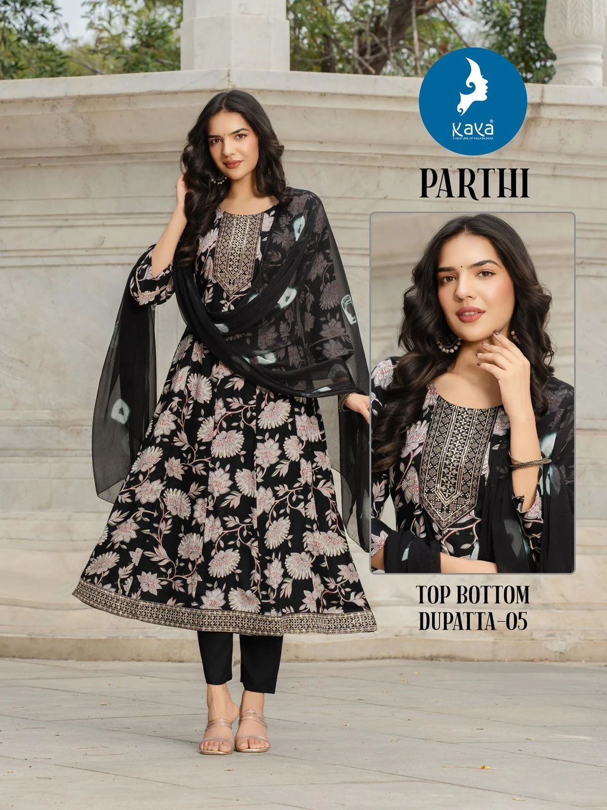 Kaya Kurti Parthi Rayon Print Anarkali Suit With Naznin Siffon Dupatta