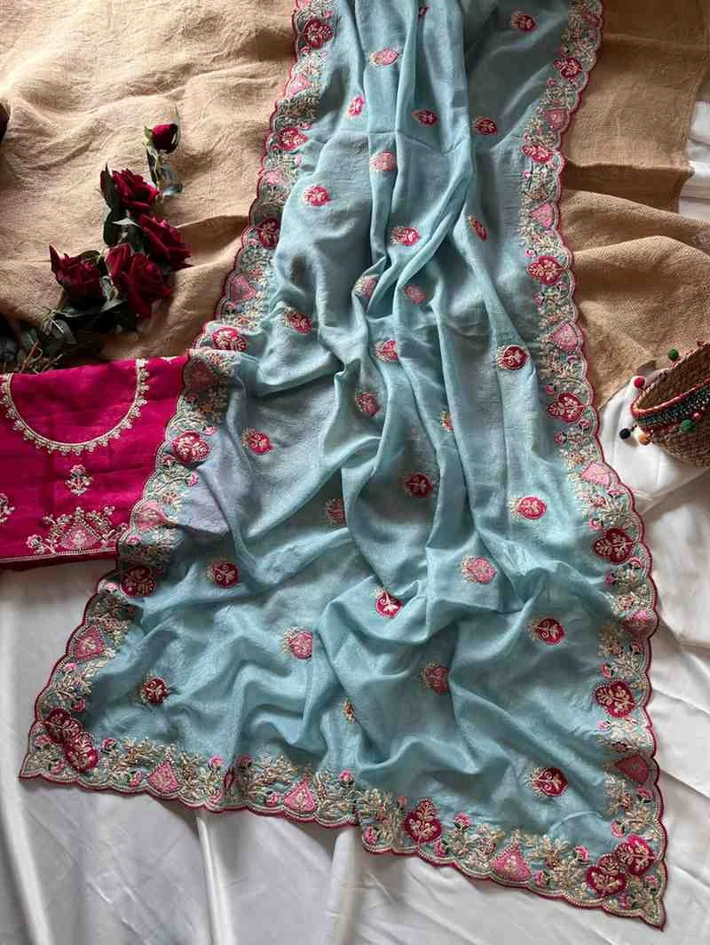 Kc 401 Georgette Embroidered Zari Border Saree Collection
