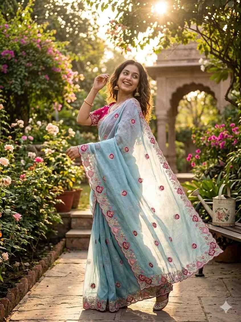 Kc 401 Georgette Embroidered Zari Border Saree Collection