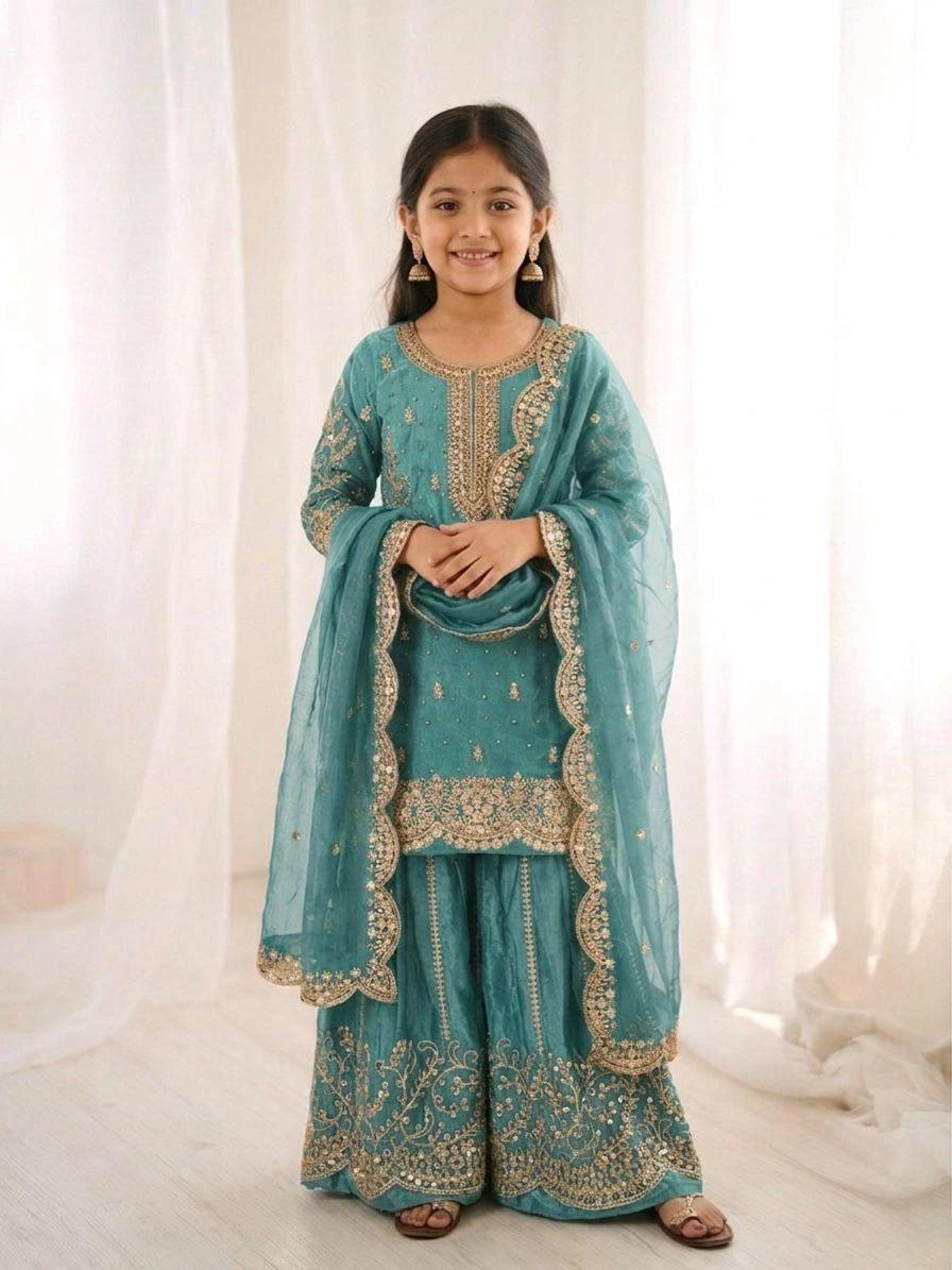 Kids Fendy Silk Embroidery Coding Sequence Work Palazzo Suit With Dupatta