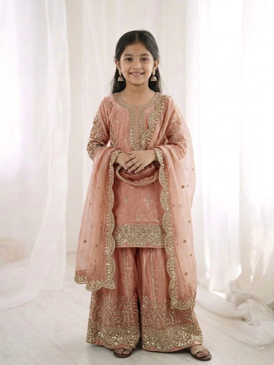 Kids Fendy Silk Embroidery Coding Sequence Work Palazzo Suit With Dupatta