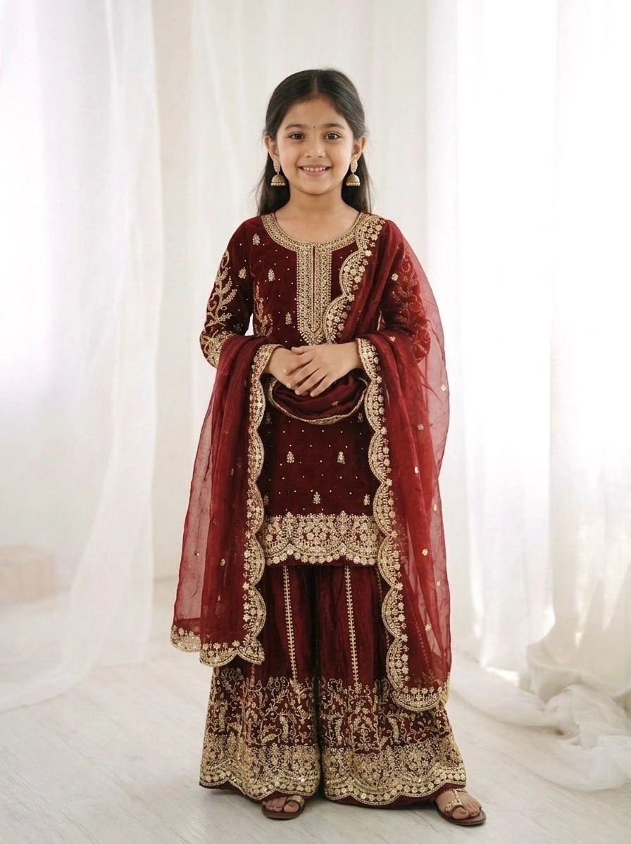 Kids Fendy Silk Embroidery Coding Sequence Work Palazzo Suit With Dupatta