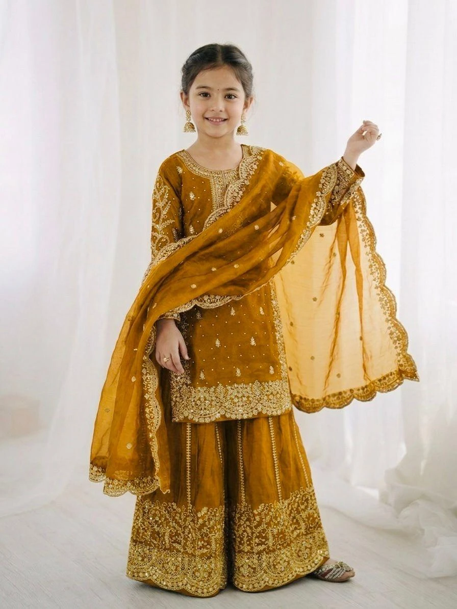 Kids Fendy Silk Embroidery Coding Sequence Work Palazzo Suit With Dupatta