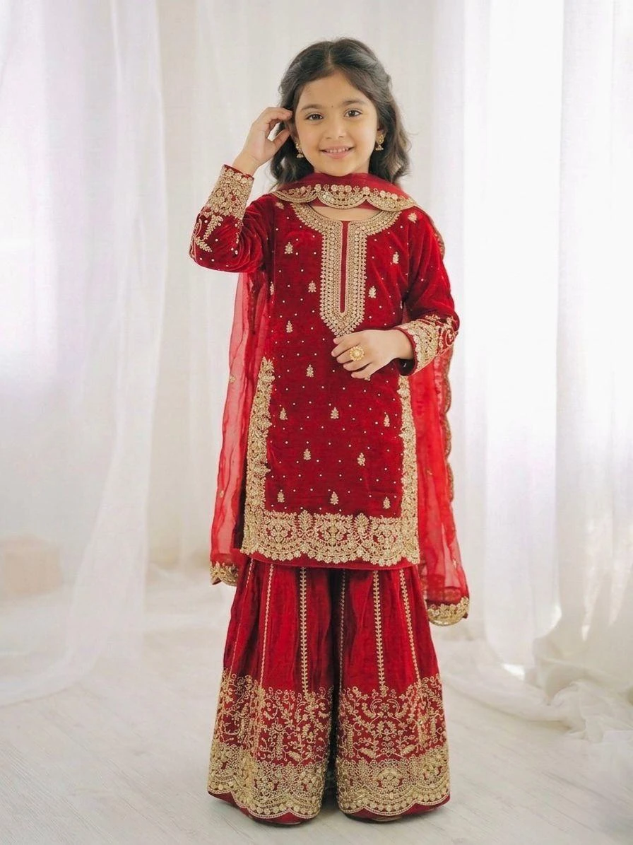 Kids Fendy Silk Embroidery Coding Sequence Work Palazzo Suit With Dupatta