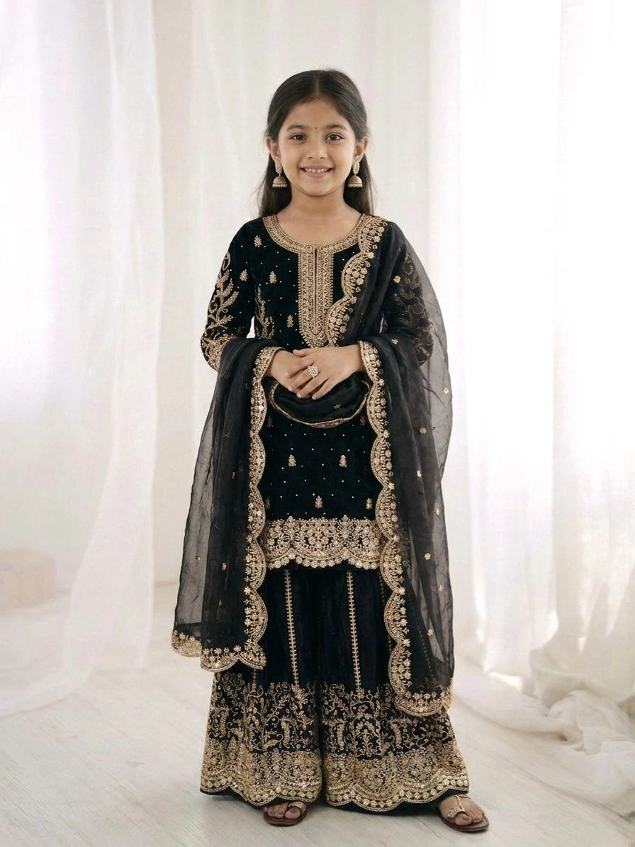 Kids Fendy Silk Embroidery Coding Sequence Work Palazzo Suit With Dupatta