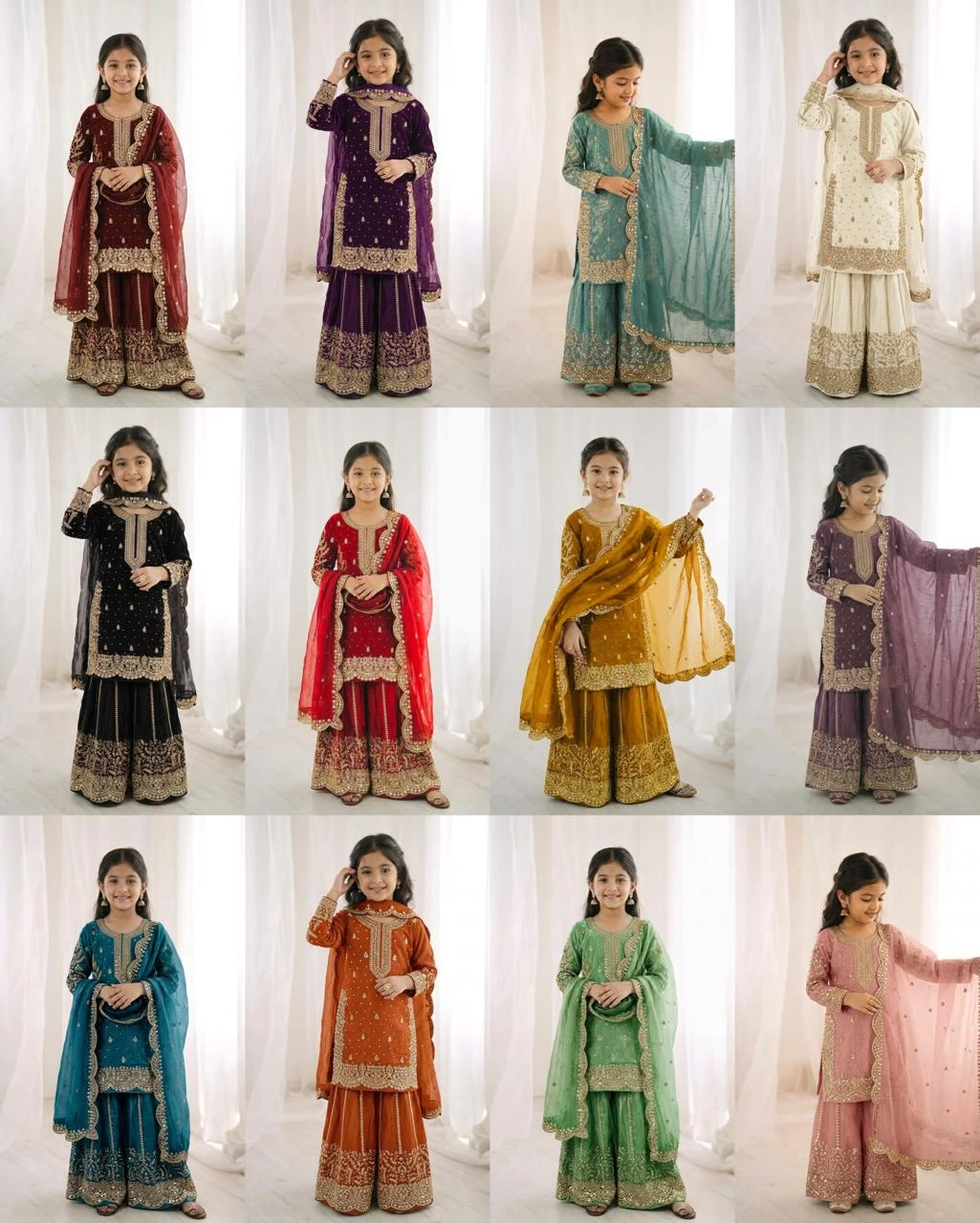 Kids Fendy Silk Embroidery Coding Sequence Work Palazzo Suit With Dupatta