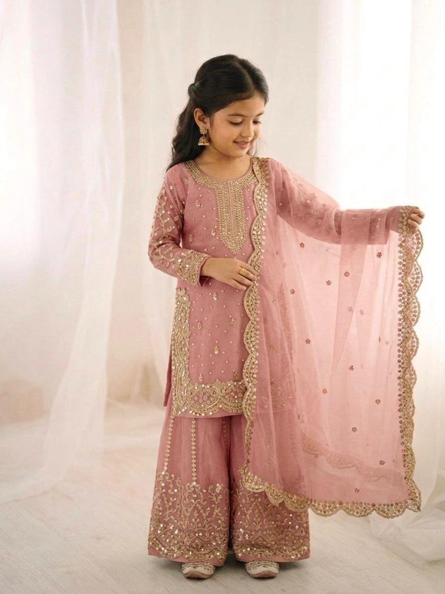 Kids Fendy Silk Embroidery Coding Sequence Work Palazzo Suit With Dupatta