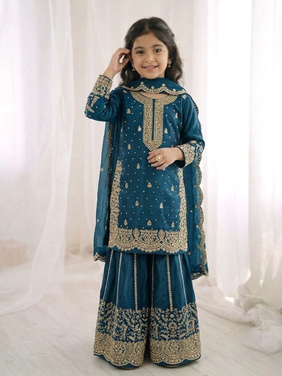 Kids Fendy Silk Embroidery Coding Sequence Work Palazzo Suit With Dupatta
