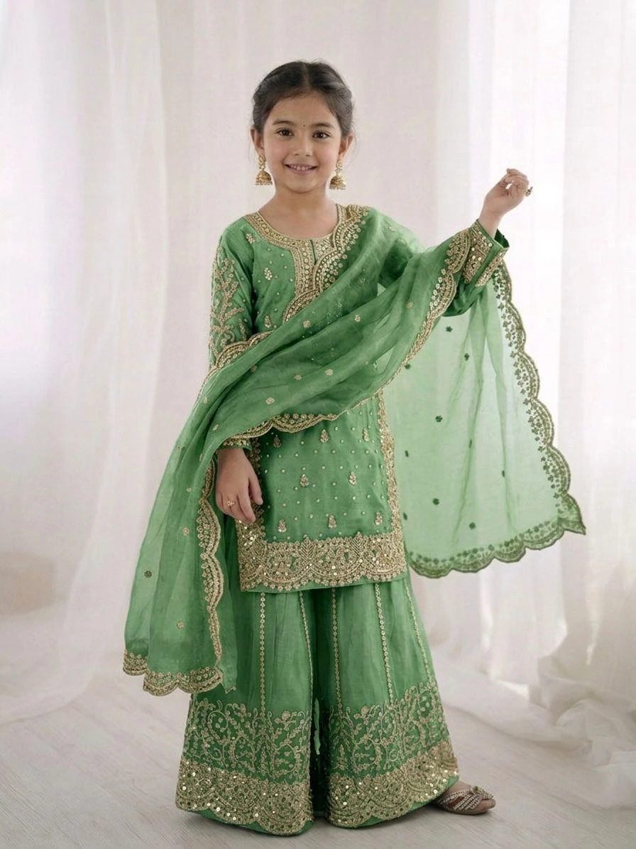 Kids Fendy Silk Embroidery Coding Sequence Work Palazzo Suit With Dupatta