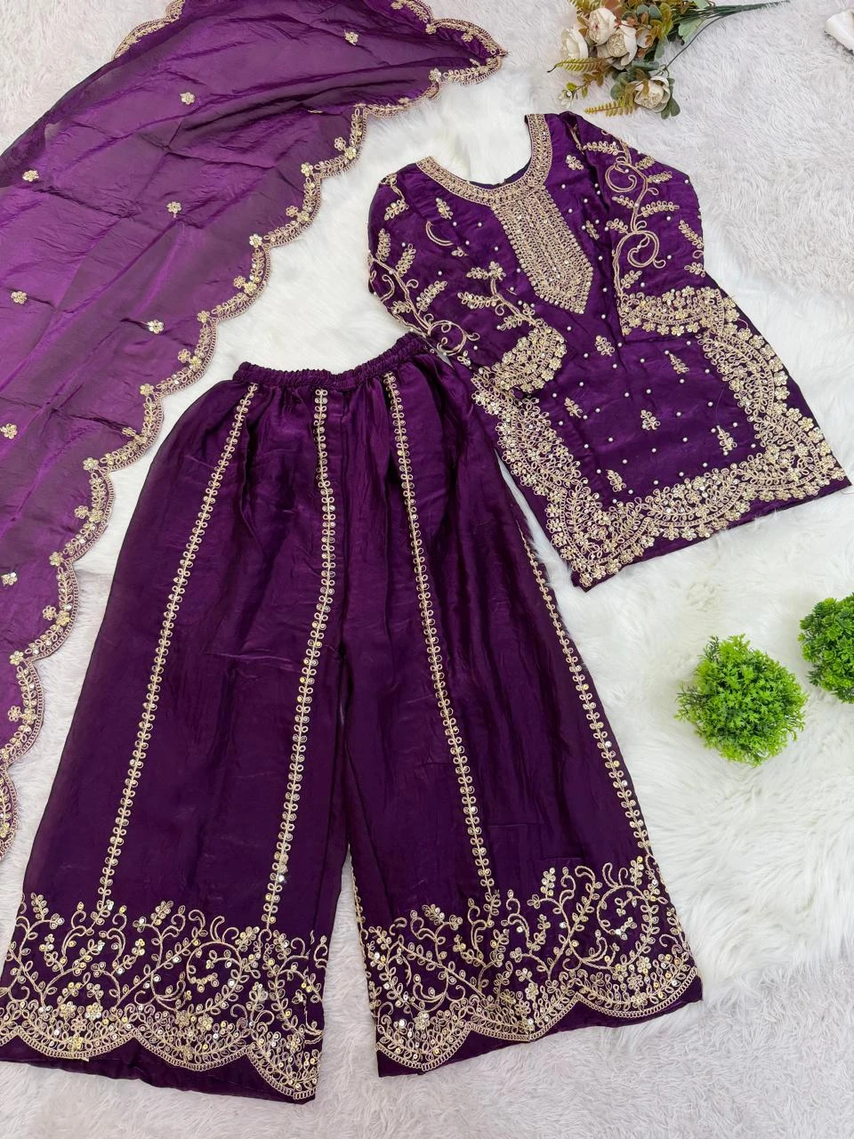 Kids Fendy Silk Embroidery Coding Sequence Work Palazzo Suit With Dupatta