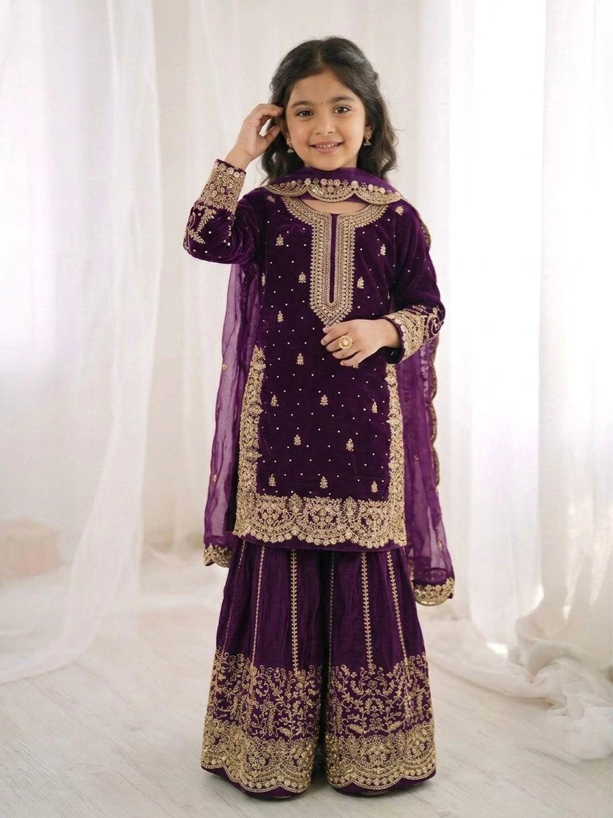 Kids Fendy Silk Embroidery Coding Sequence Work Palazzo Suit With Dupatta