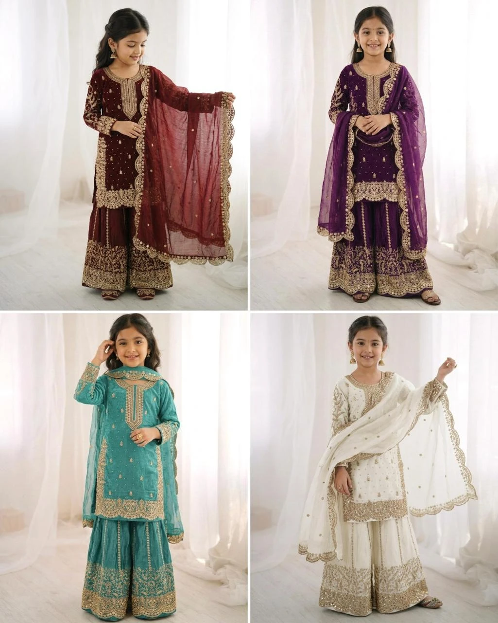 Kids Fendy Silk Embroidery Coding Sequence Work Palazzo Suit With Dupatta