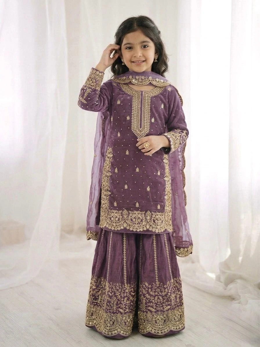 Kids Fendy Silk Embroidery Coding Sequence Work Palazzo Suit With Dupatta