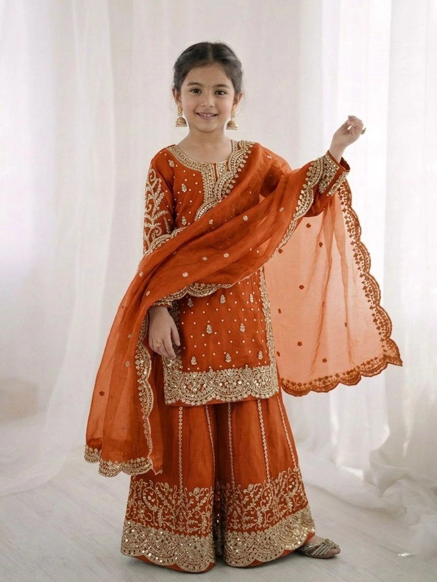 Kids Fendy Silk Embroidery Coding Sequence Work Palazzo Suit With Dupatta