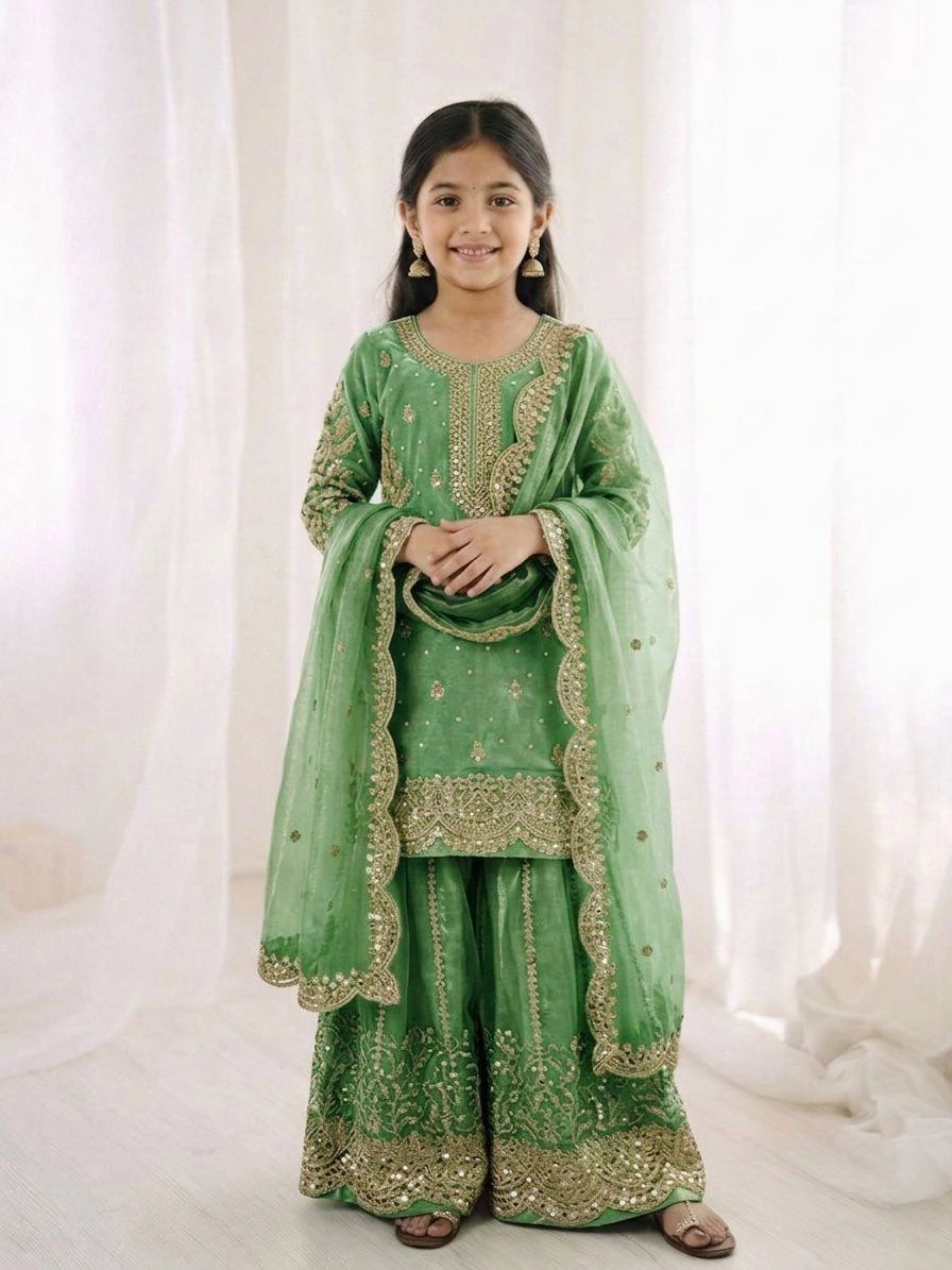Kids Fendy Silk Embroidery Coding Sequence Work Palazzo Suit With Dupatta