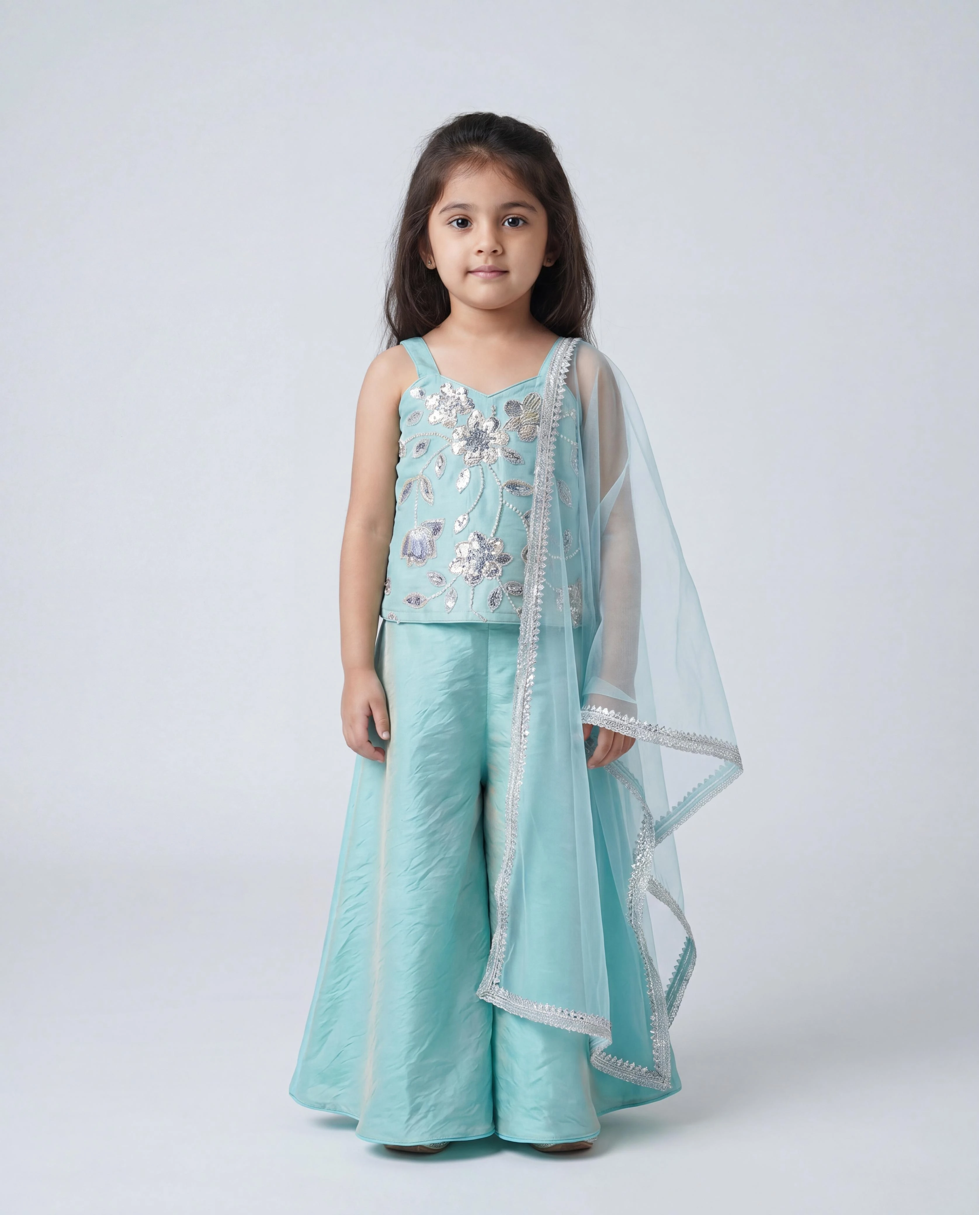Kids Sindoori Beads Work Top With Umbrella Palazzo Set