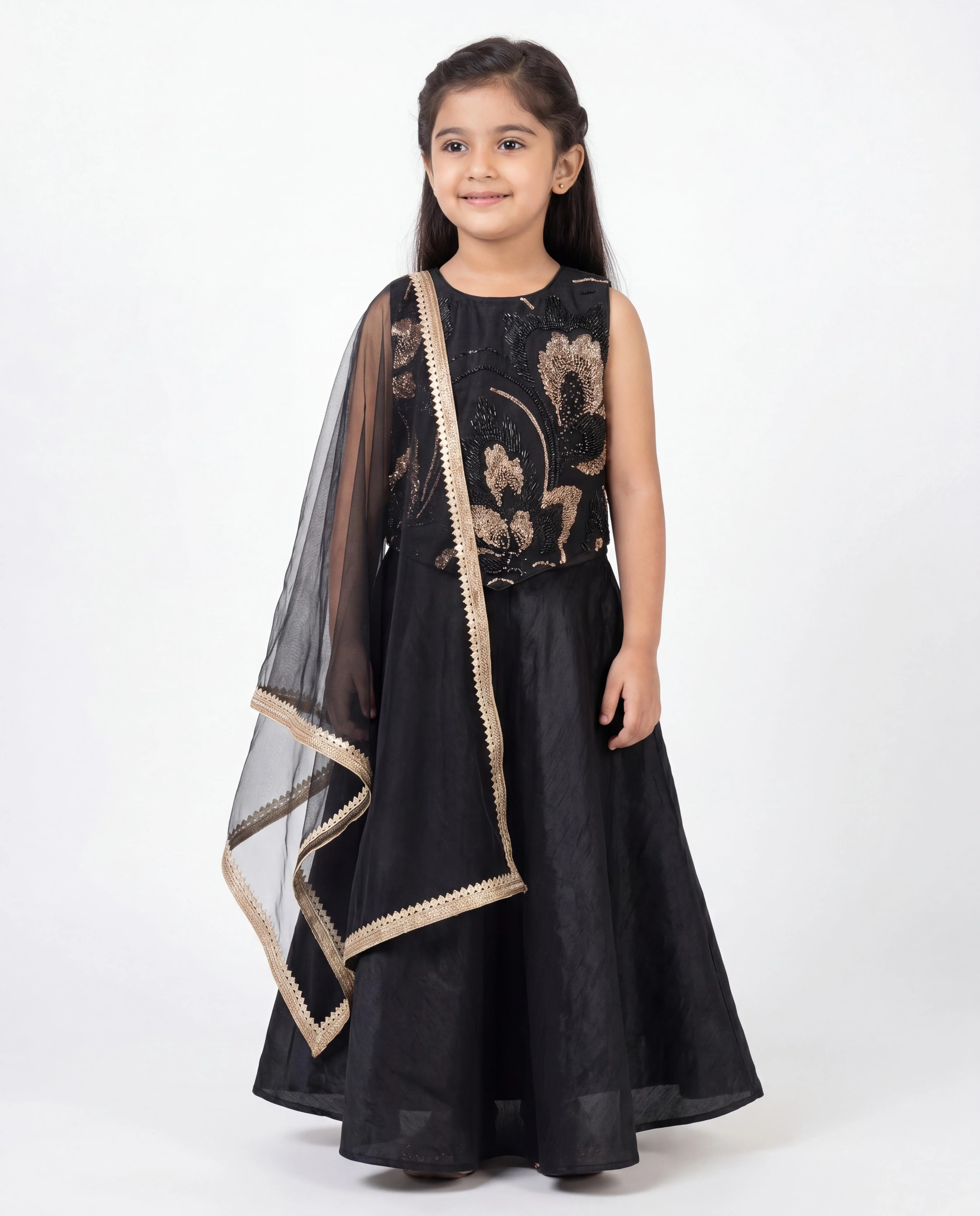 Kids Sindoori Beads Work Top With Umbrella Palazzo Set