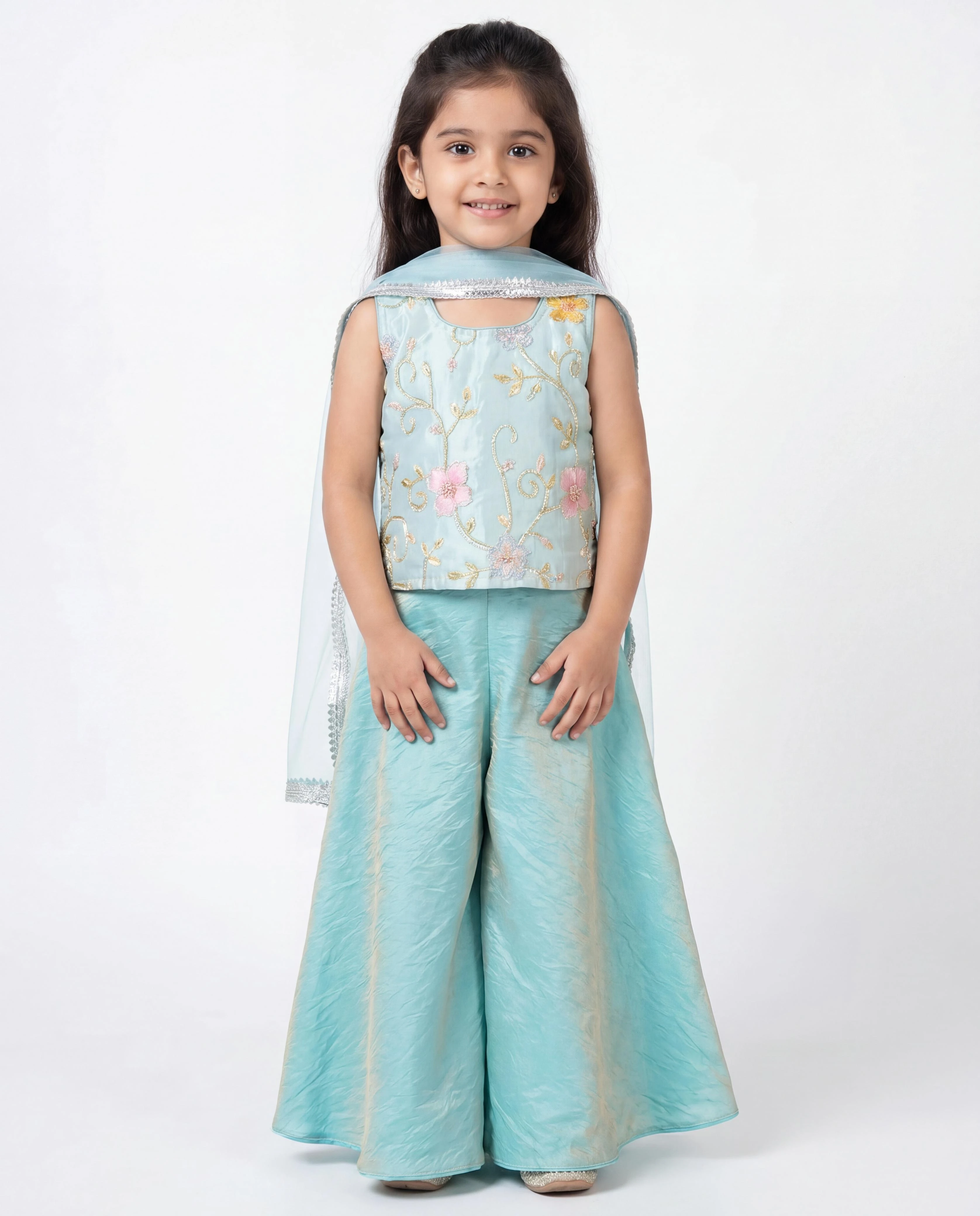 Kids Sindoori Beads Work Top With Umbrella Palazzo Set