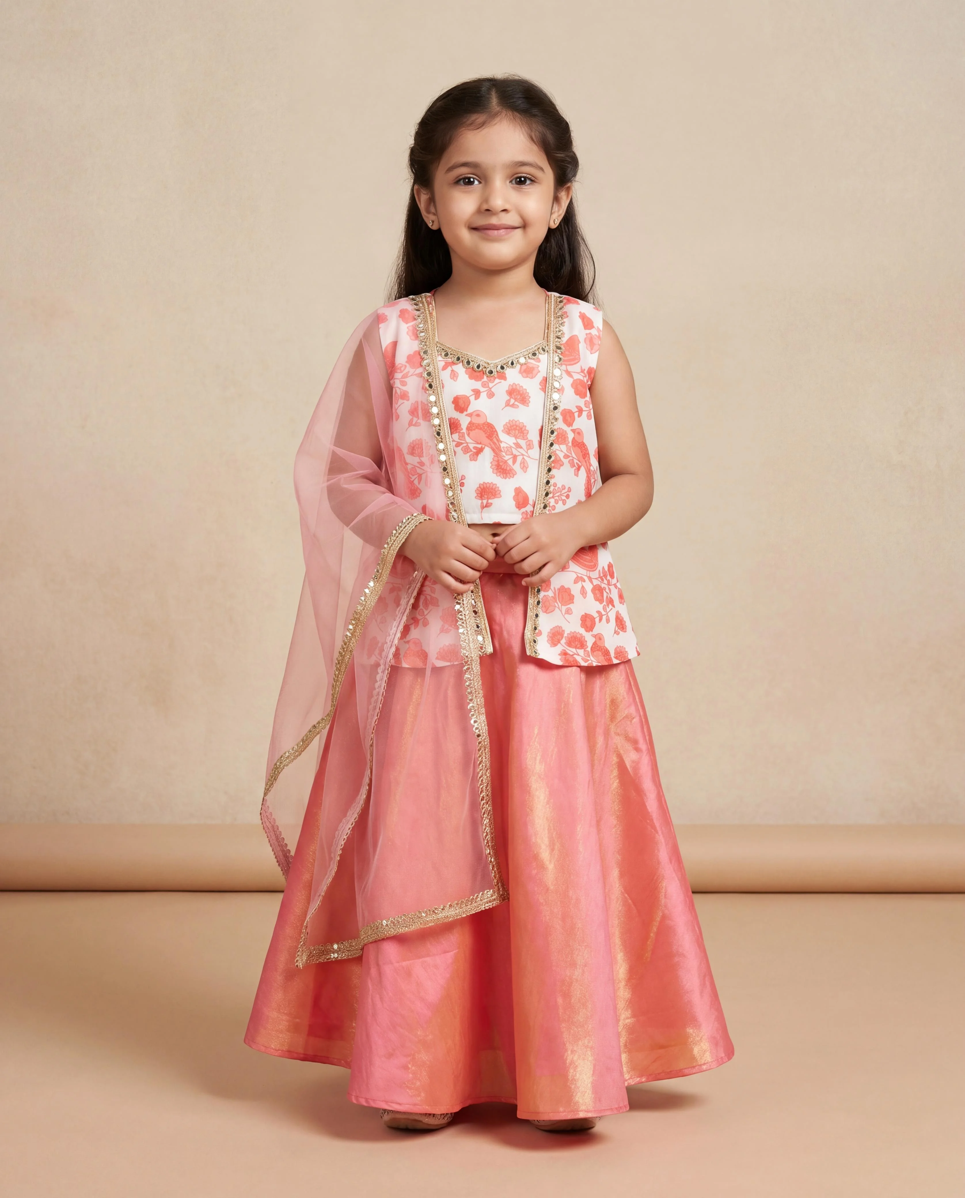Kids Sindoori Beads Work Top With Umbrella Palazzo Set