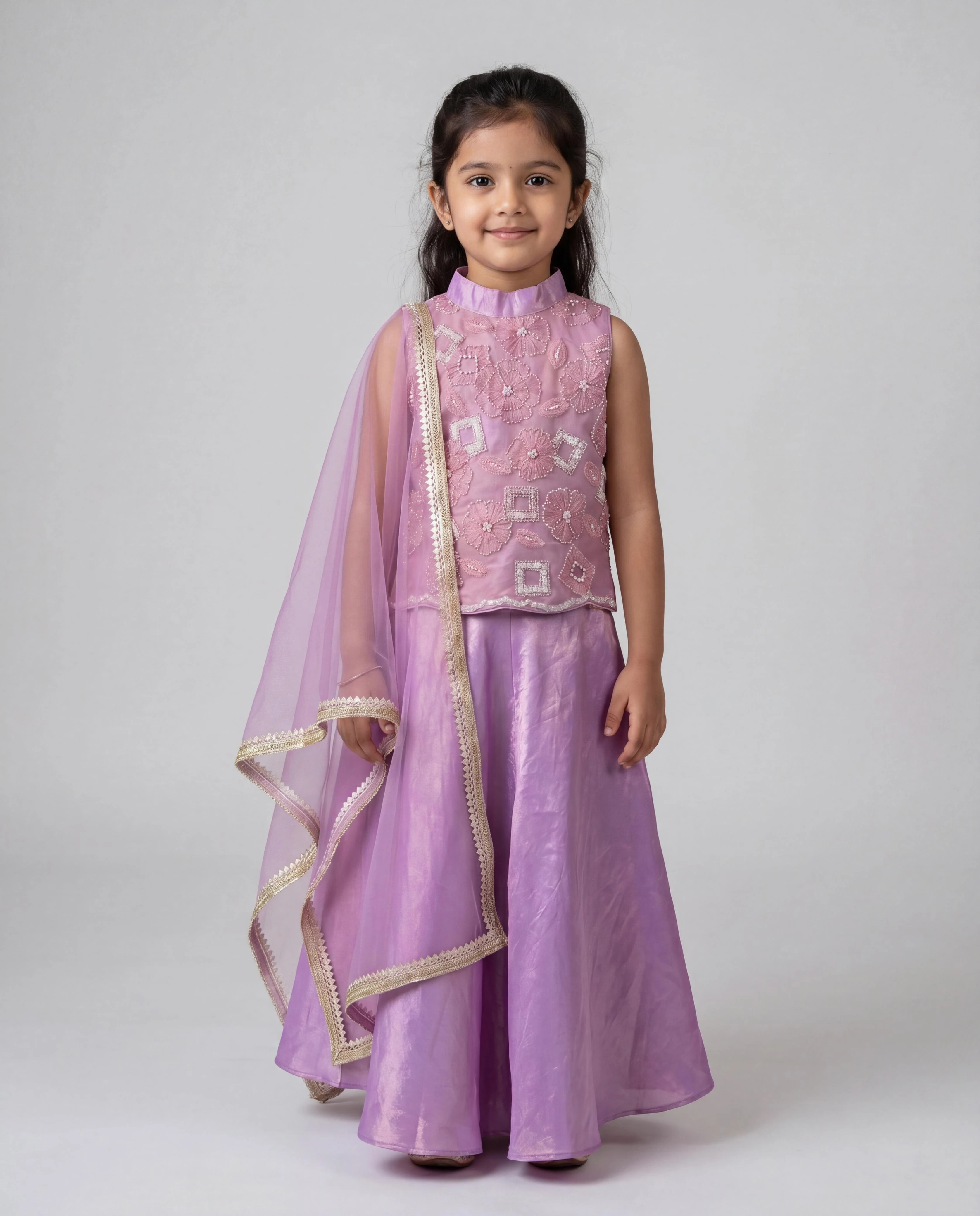 Kids Sindoori Beads Work Top With Umbrella Palazzo Set