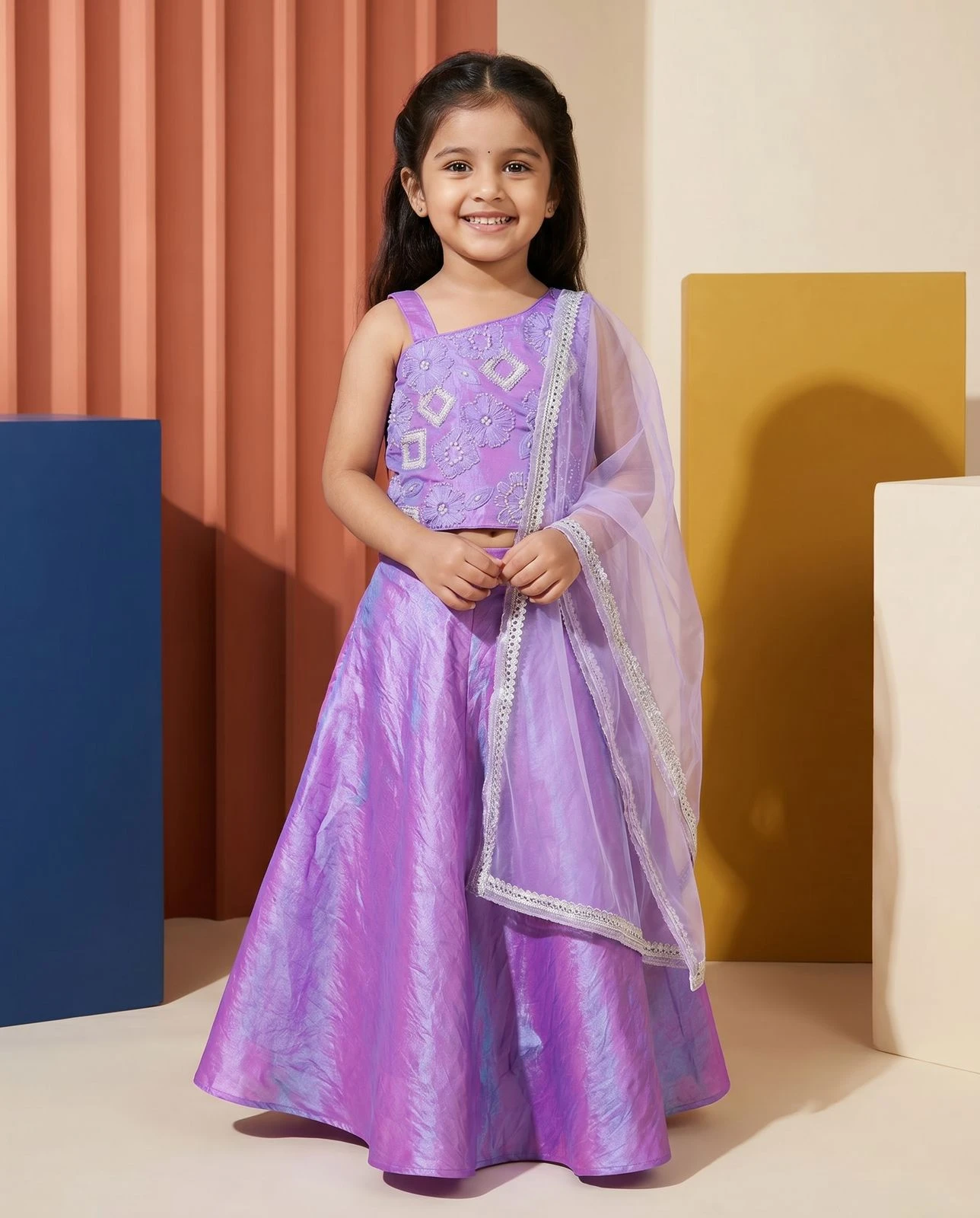 Kids Sindoori Beads Work Top With Umbrella Palazzo Set
