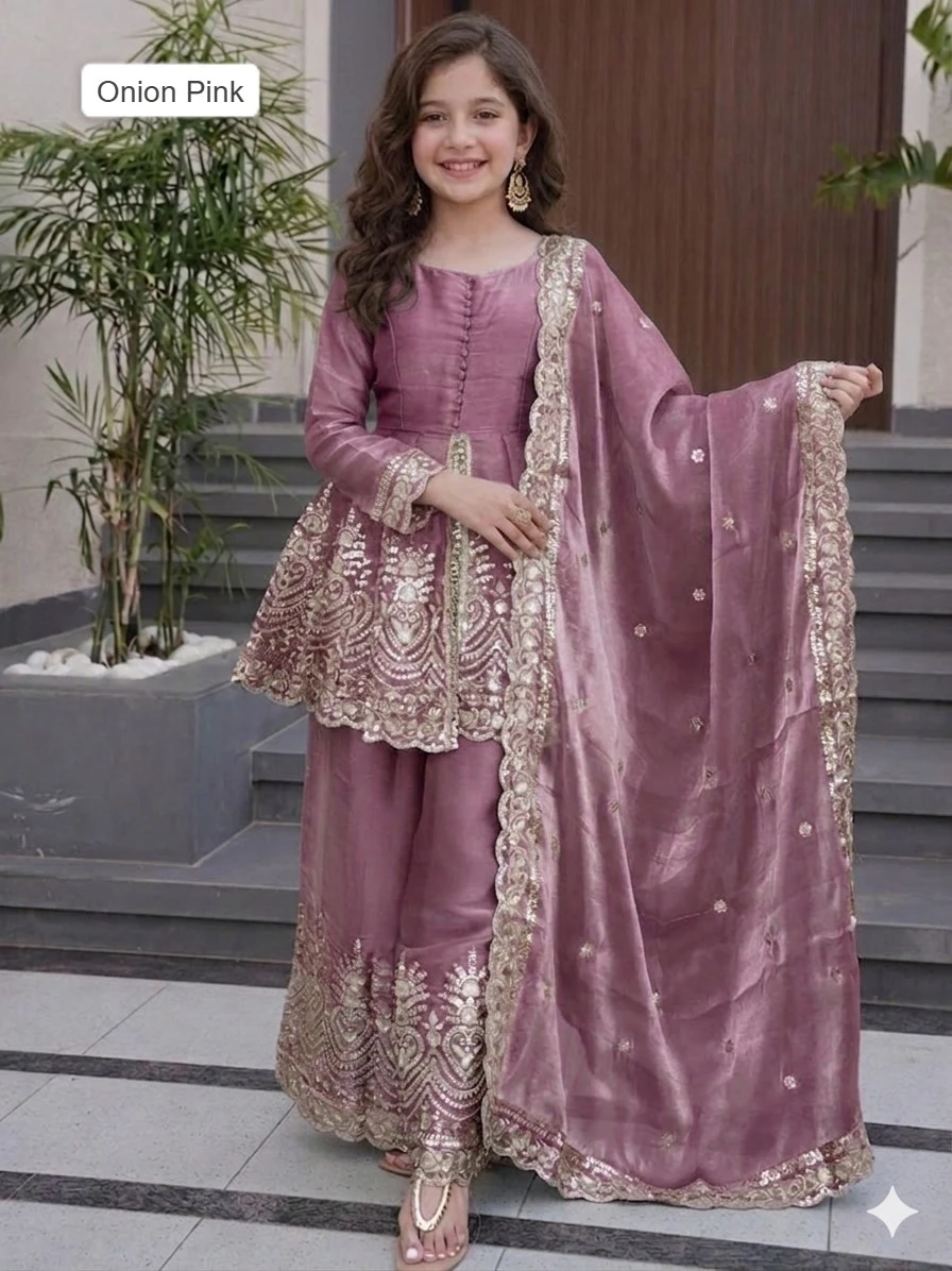 Kids Wear Attractive Silk Embroidery 3 Piece Kurta Set ST-0122