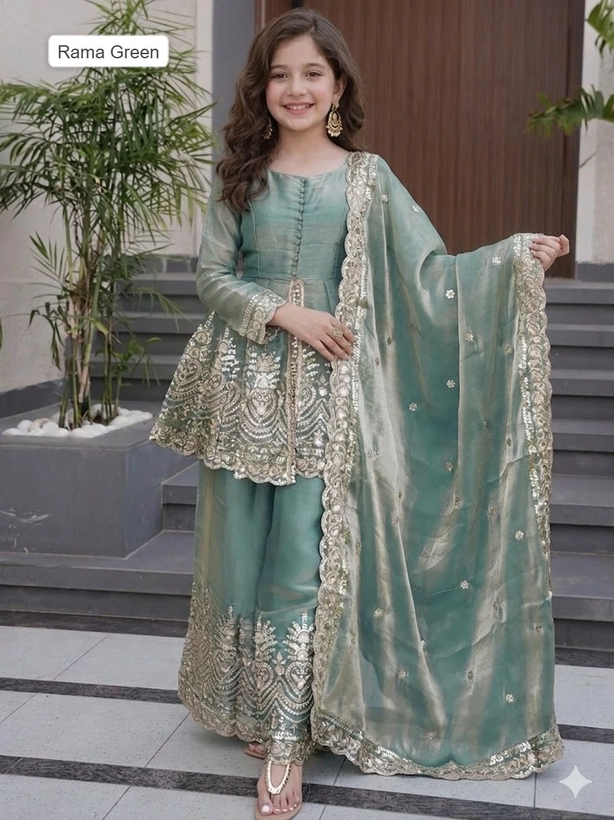 Kids Wear Attractive Silk Embroidery 3 Piece Kurta Set ST-0122