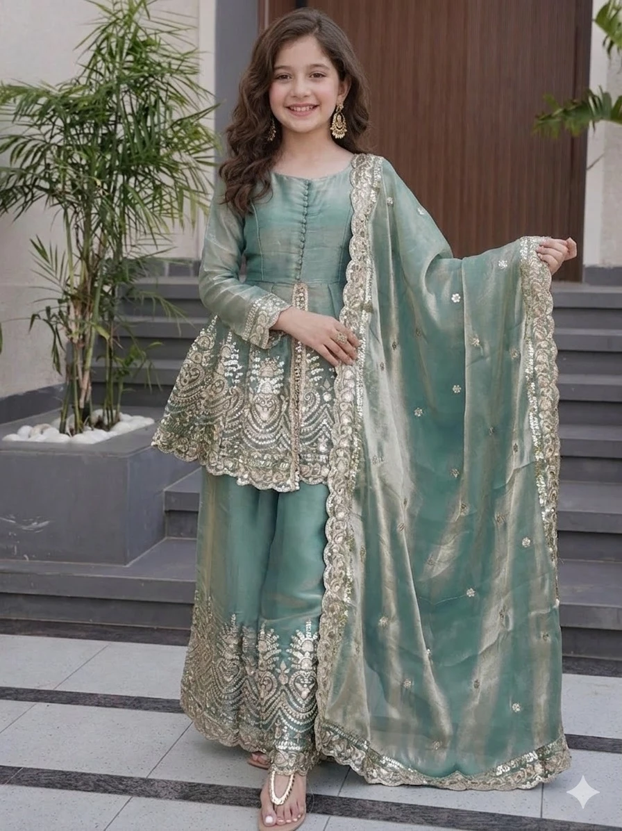 Kids Wear Attractive Silk Embroidery 3 Piece Kurta Set ST-0122