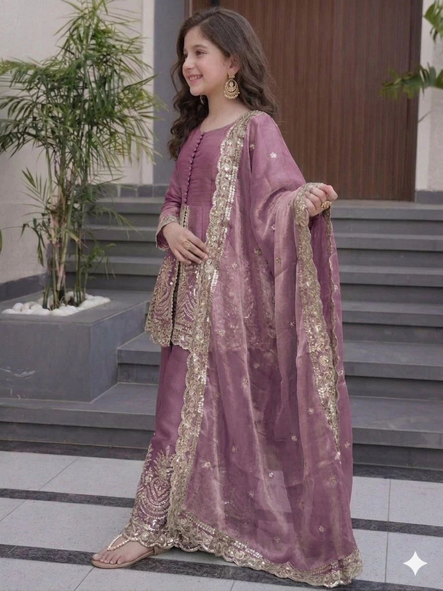 Kids Wear Attractive Silk Embroidery 3 Piece Kurta Set ST-0122