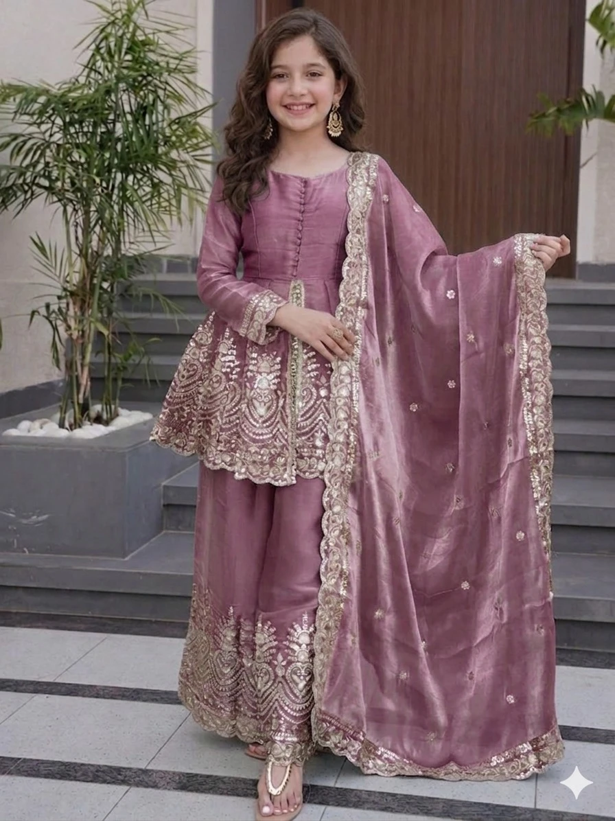 Kids Wear Attractive Silk Embroidery 3 Piece Kurta Set ST-0122