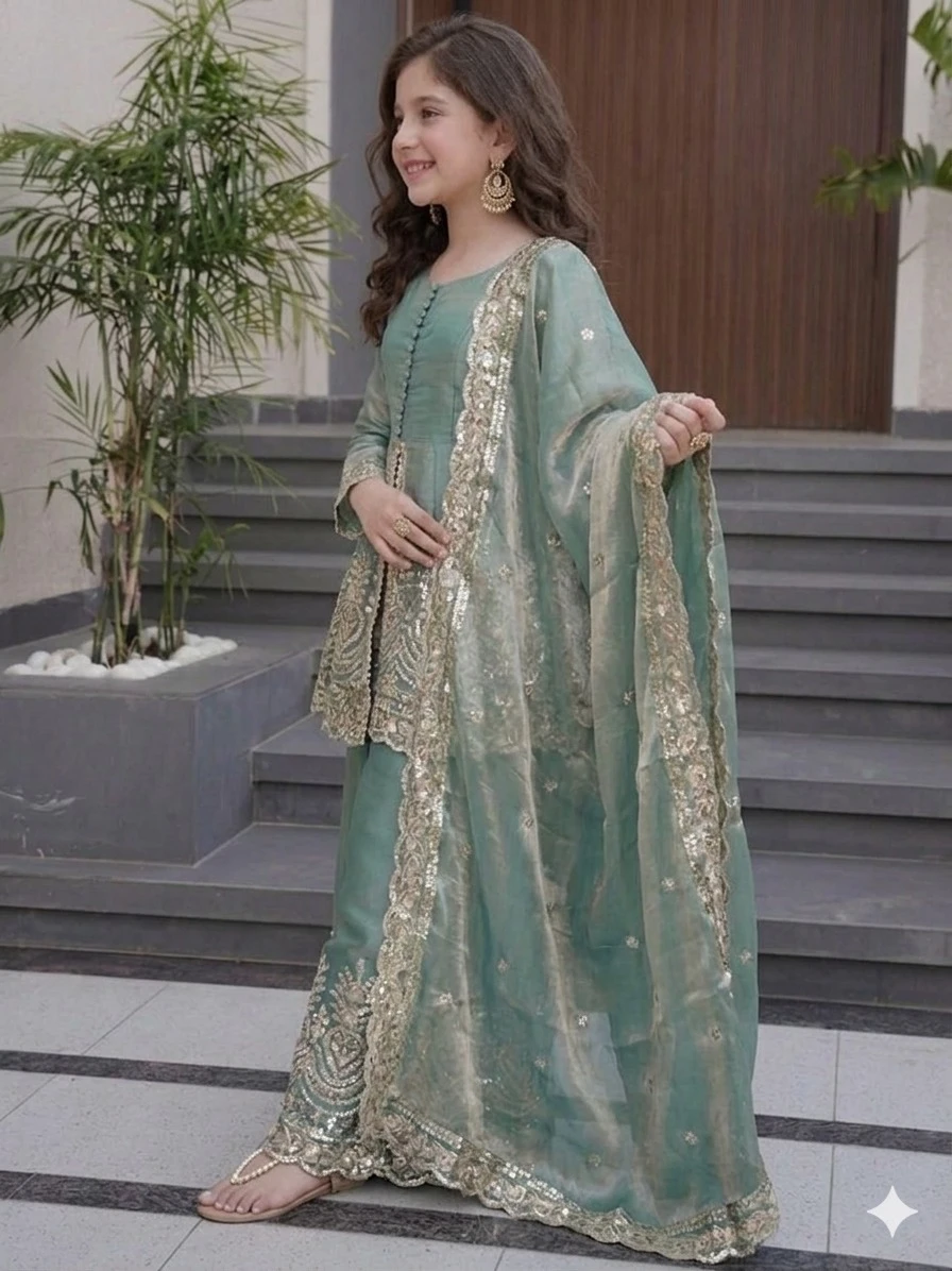 Kids Wear Attractive Silk Embroidery 3 Piece Kurta Set ST-0122