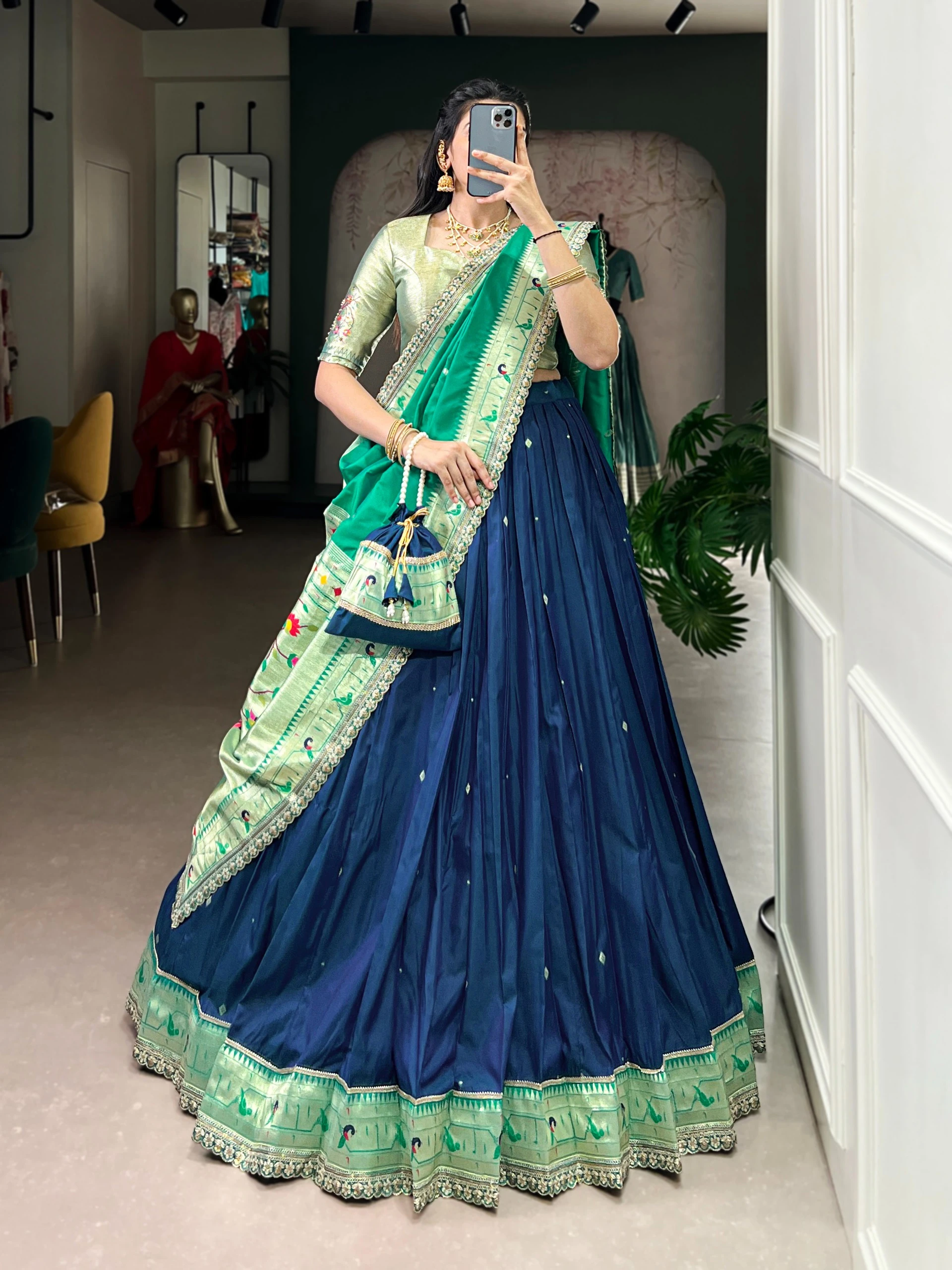 Madhura Soft Silk Paithani Zari Weaving Embroidery Lehenga Choli With Dupatta