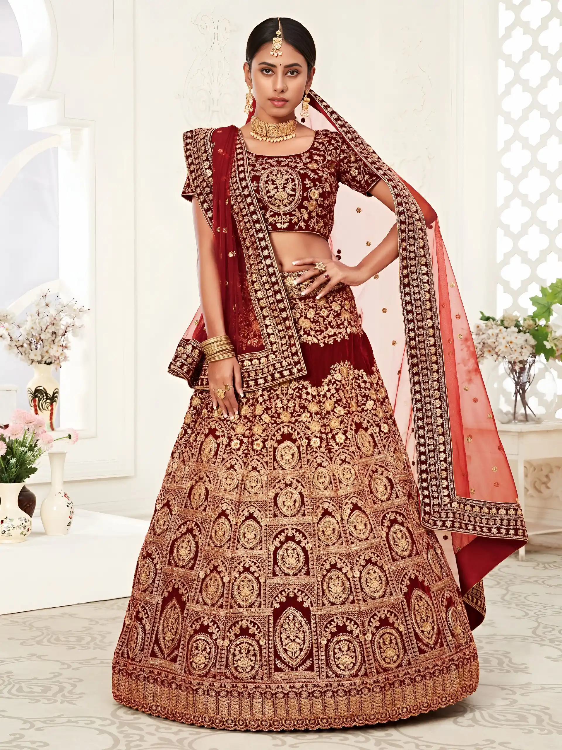 Maroon Velvet Embroidered Designer Wedding Choli Set