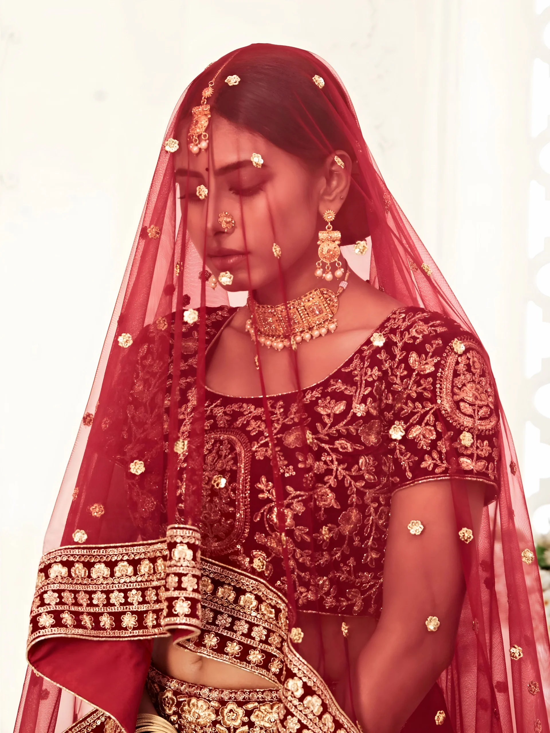 Maroon Velvet Embroidered Designer Wedding Choli Set