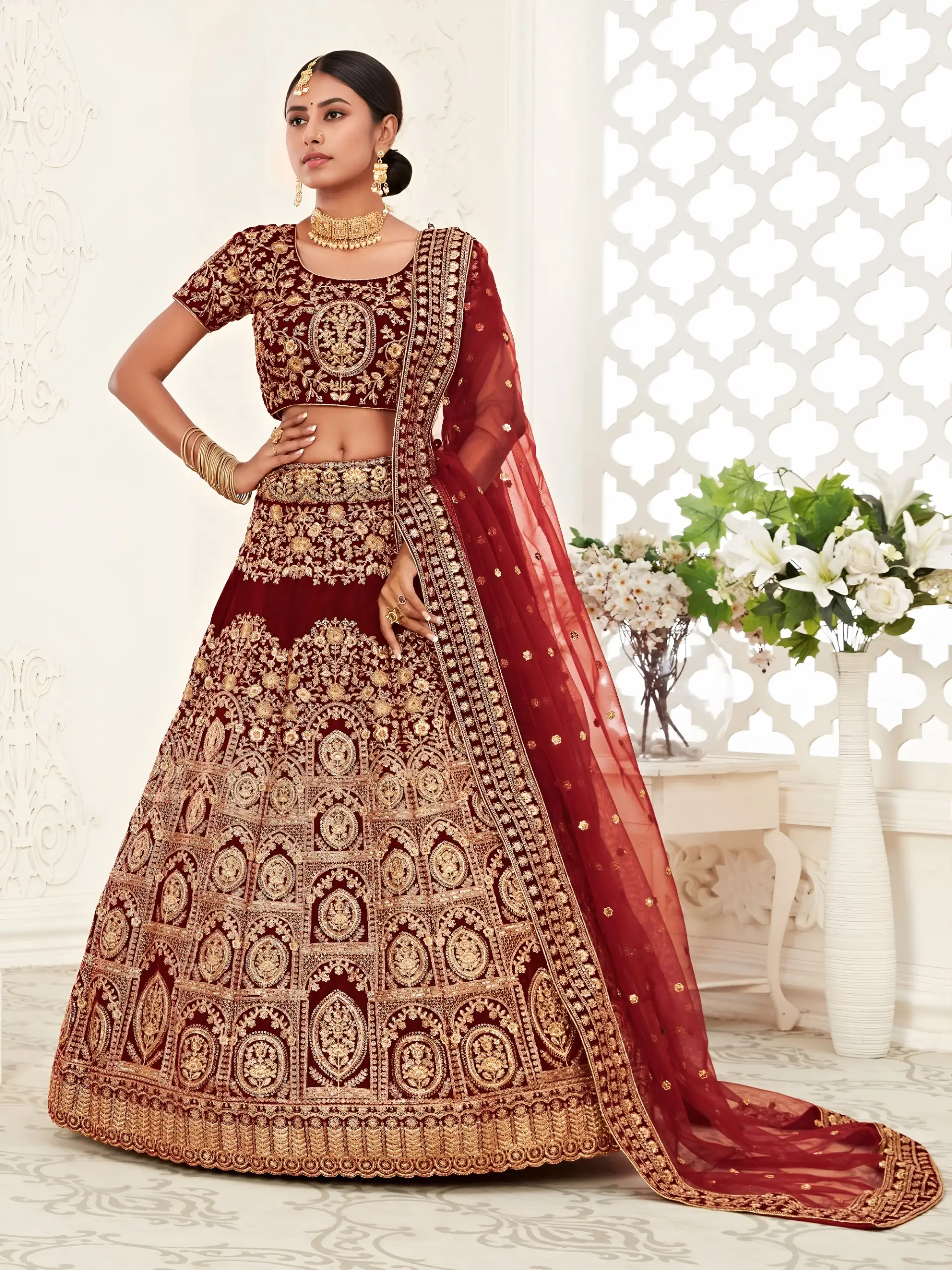 Maroon Velvet Embroidered Designer Wedding Choli Set
