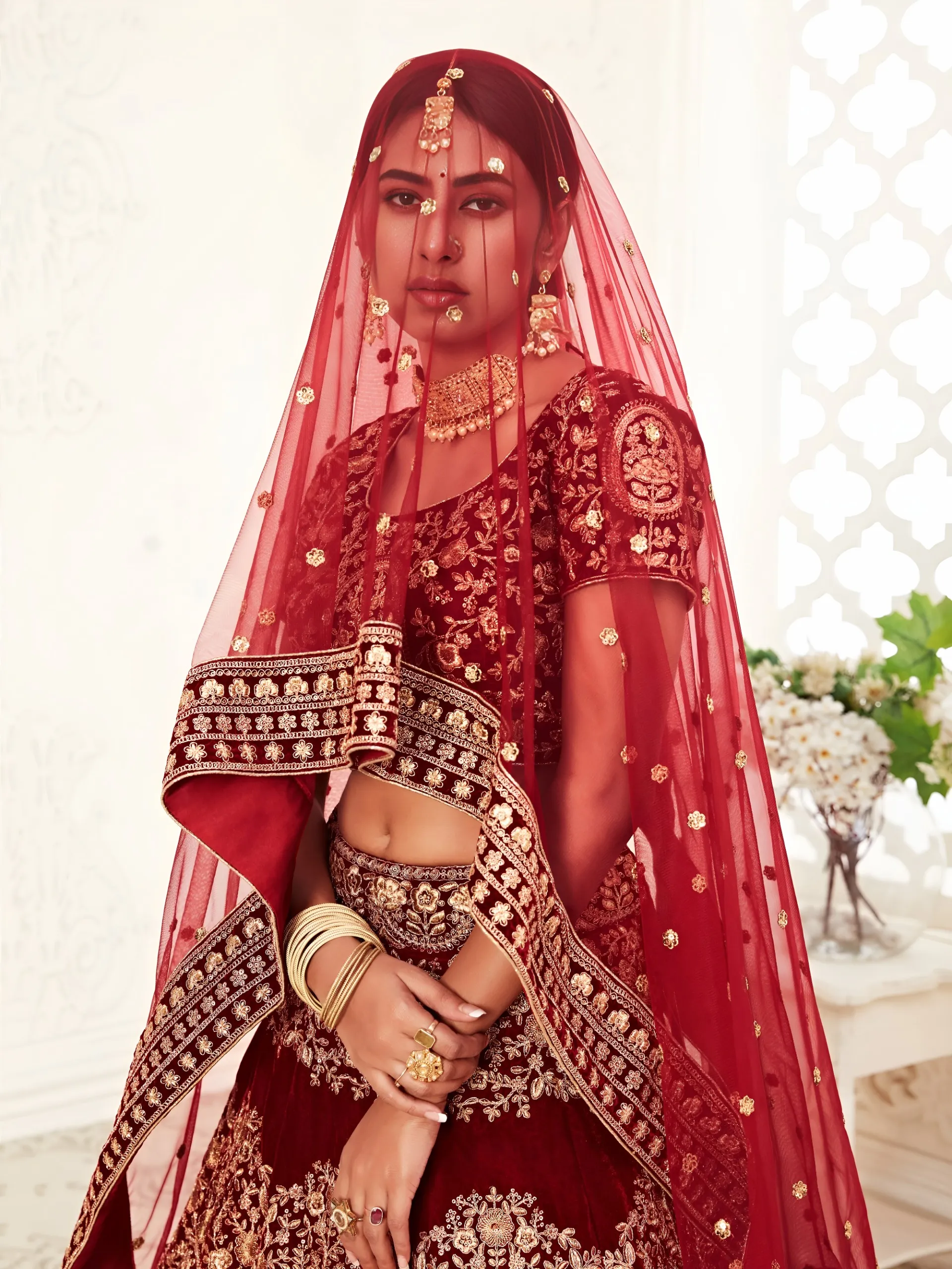 Maroon Velvet Embroidered Designer Wedding Choli Set