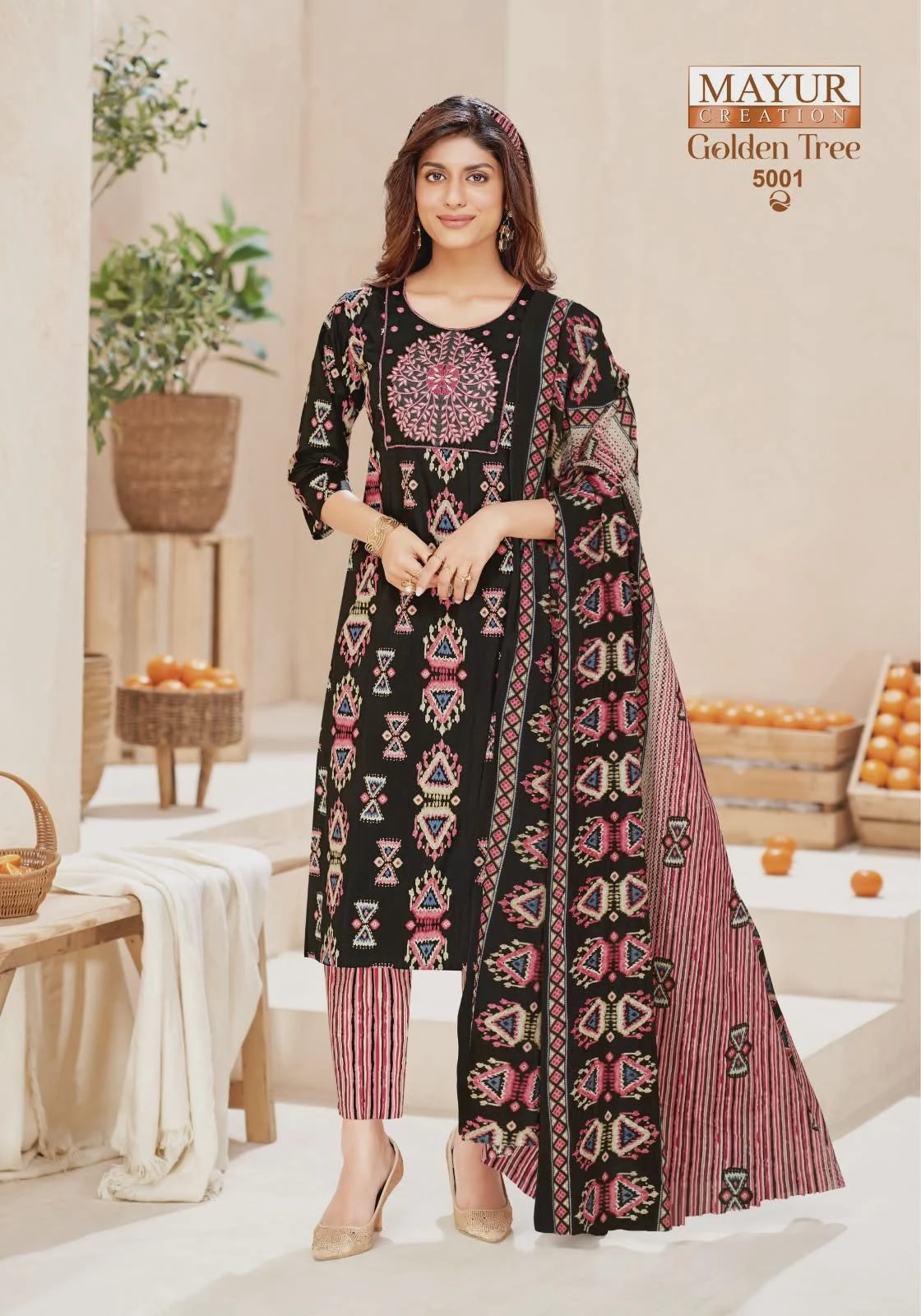 Mayur Creation Golden Tree Vol 5 Pure Cotton Thread Work Suit With Mul Dupatta