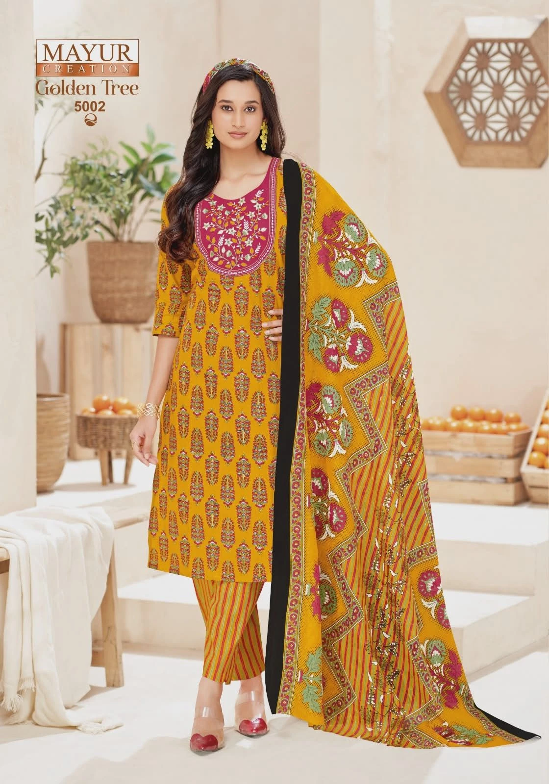 Mayur Creation Golden Tree Vol 5 Pure Cotton Thread Work Suit With Mul Dupatta