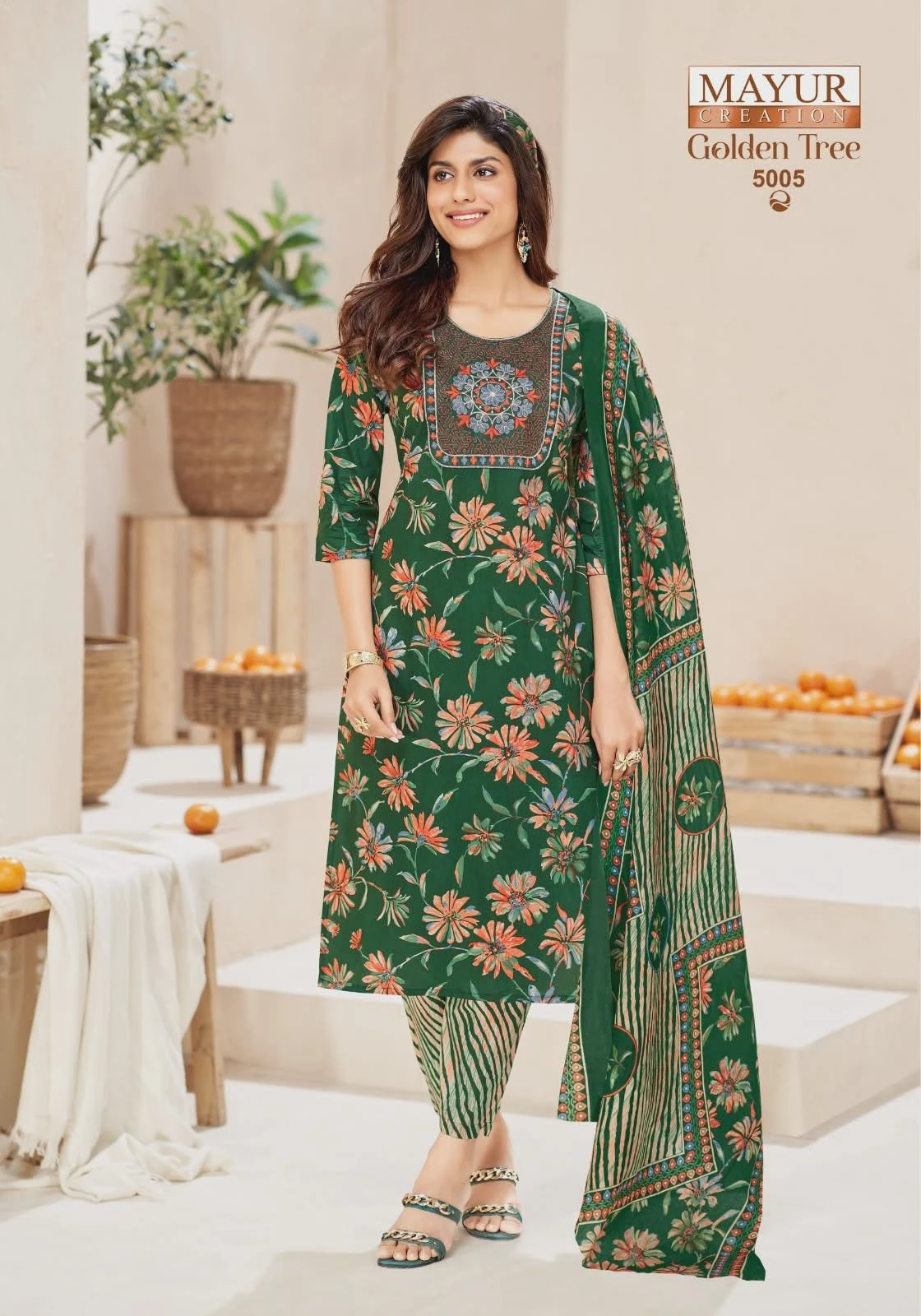 Mayur Creation Golden Tree Vol 5 Pure Cotton Thread Work Suit With Mul Dupatta