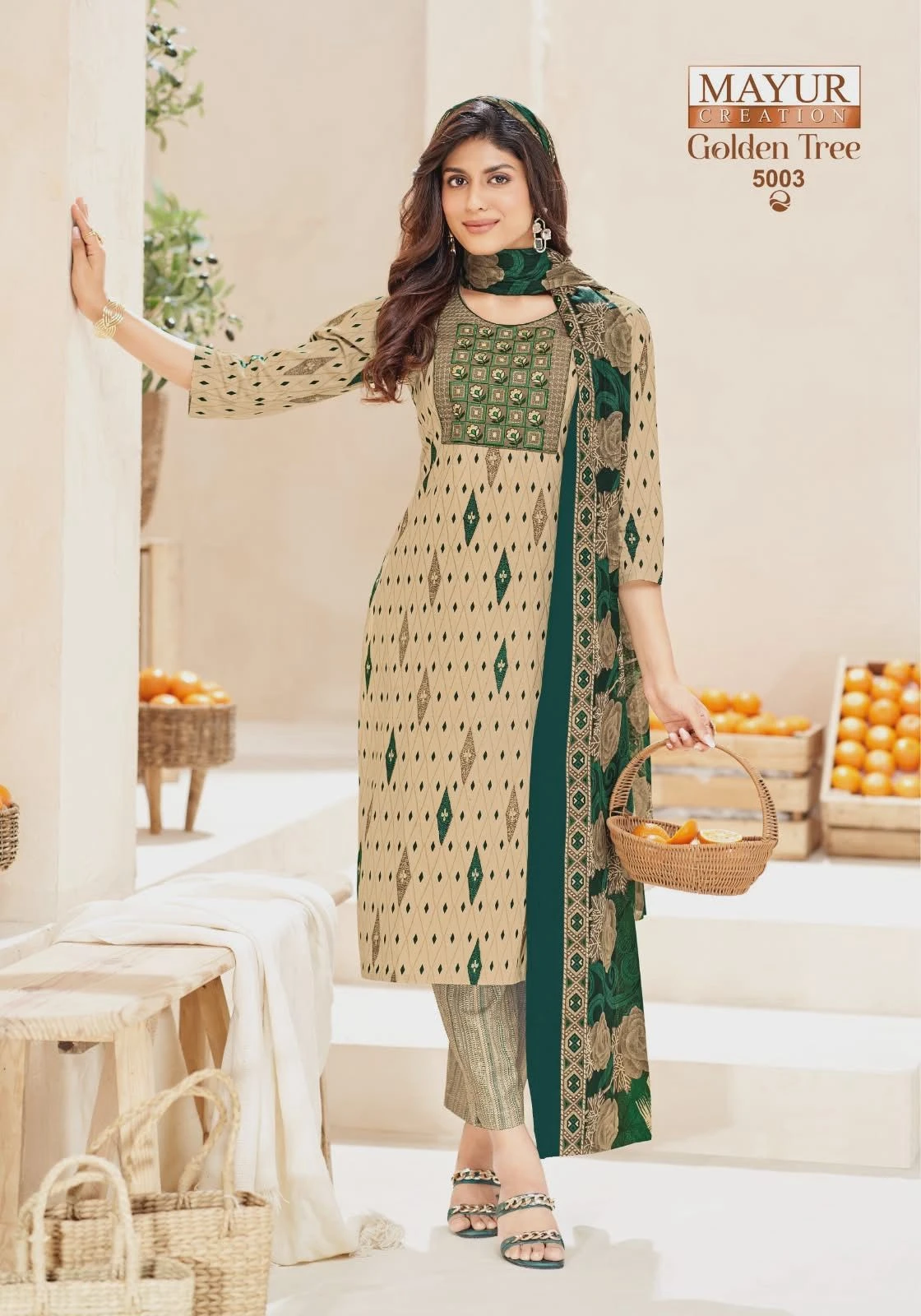 Mayur Creation Golden Tree Vol 5 Pure Cotton Thread Work Suit With Mul Dupatta