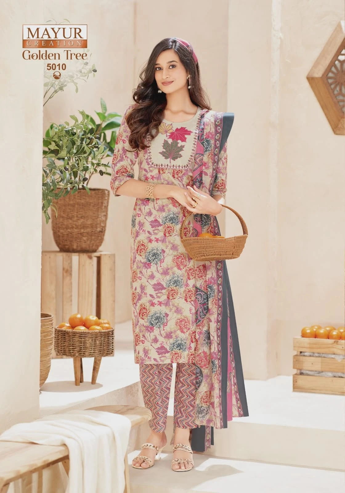 Mayur Creation Golden Tree Vol 5 Pure Cotton Thread Work Suit With Mul Dupatta