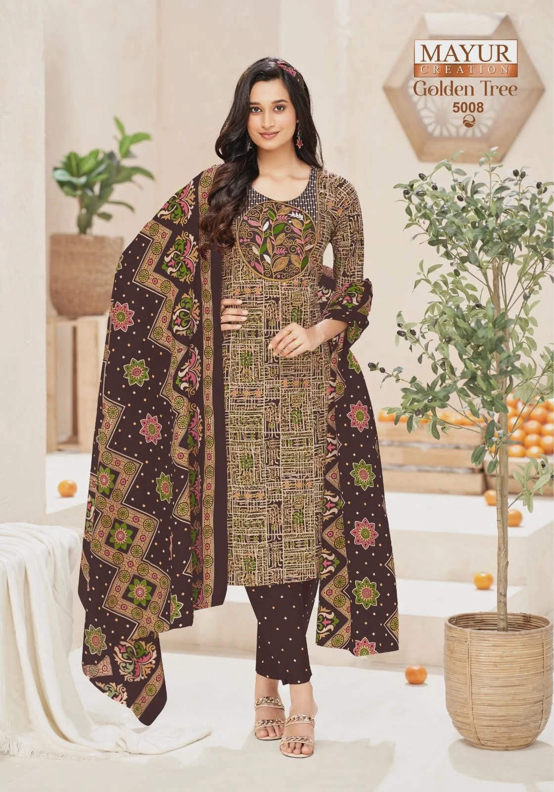 Mayur Creation Golden Tree Vol 5 Pure Cotton Thread Work Suit With Mul Dupatta