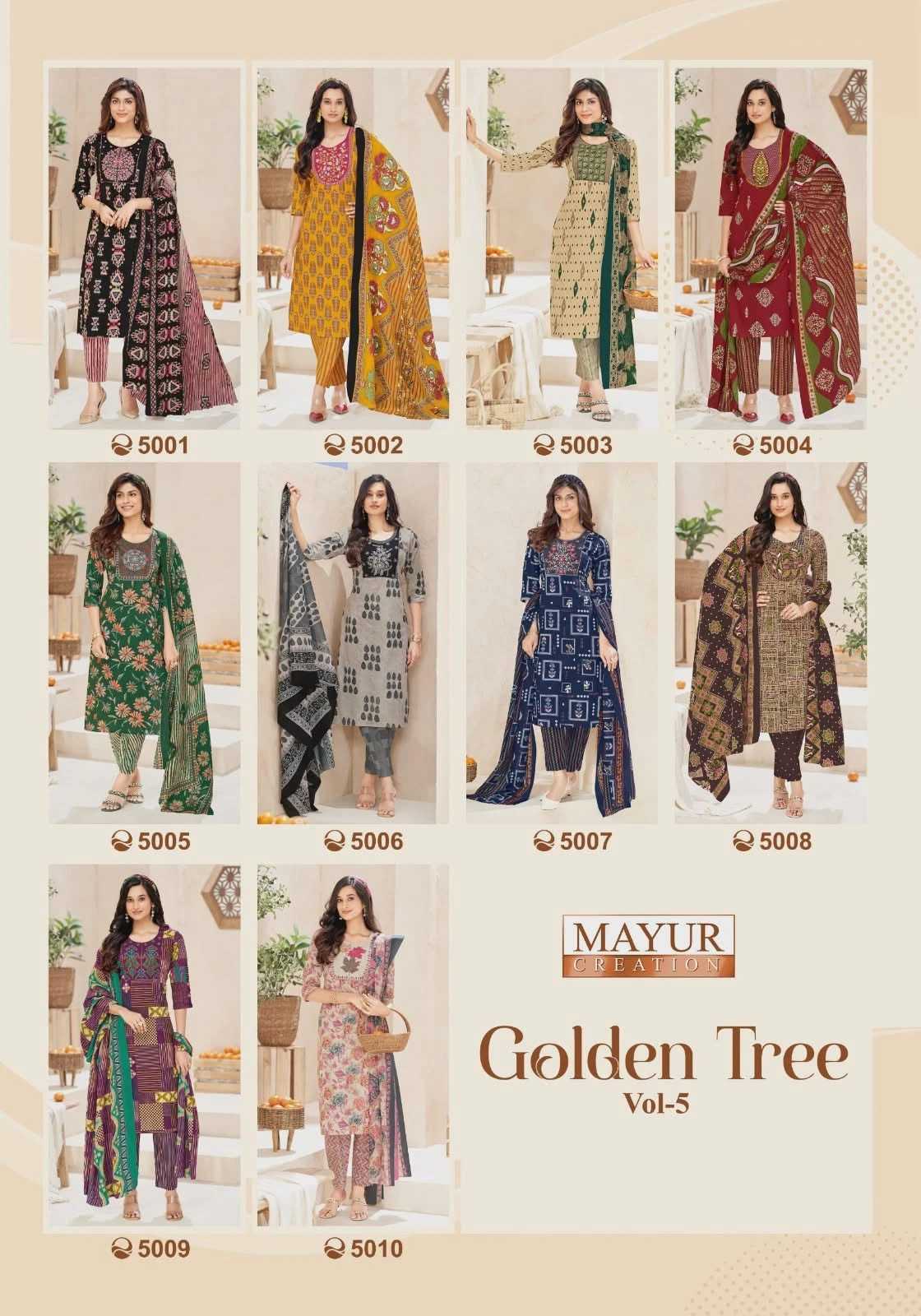 Mayur Creation Golden Tree Vol 5 Pure Cotton Thread Work Suit With Mul Dupatta