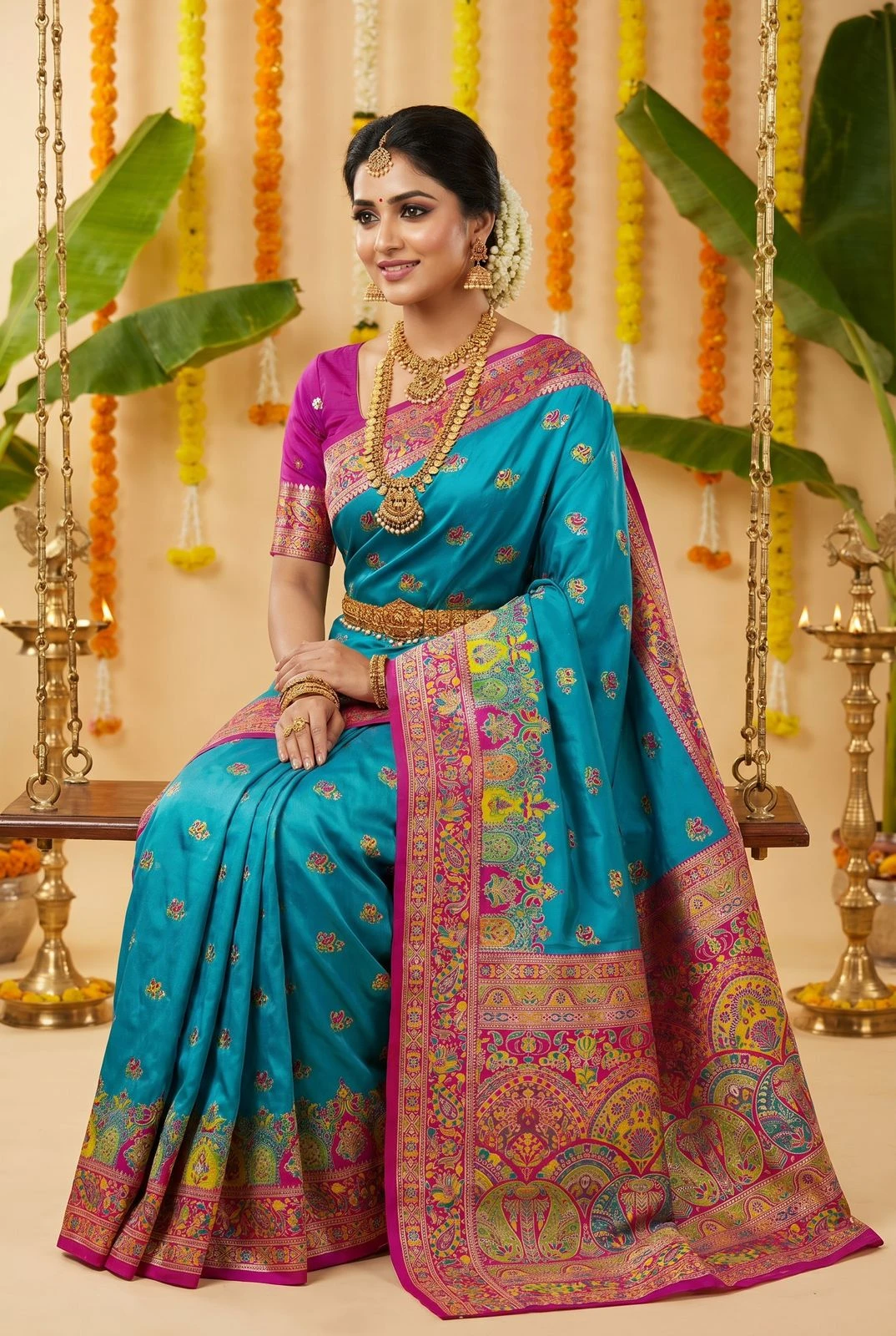 Mb 68 Pashmina Silk Multicolored Paisley Border Saree Collection
