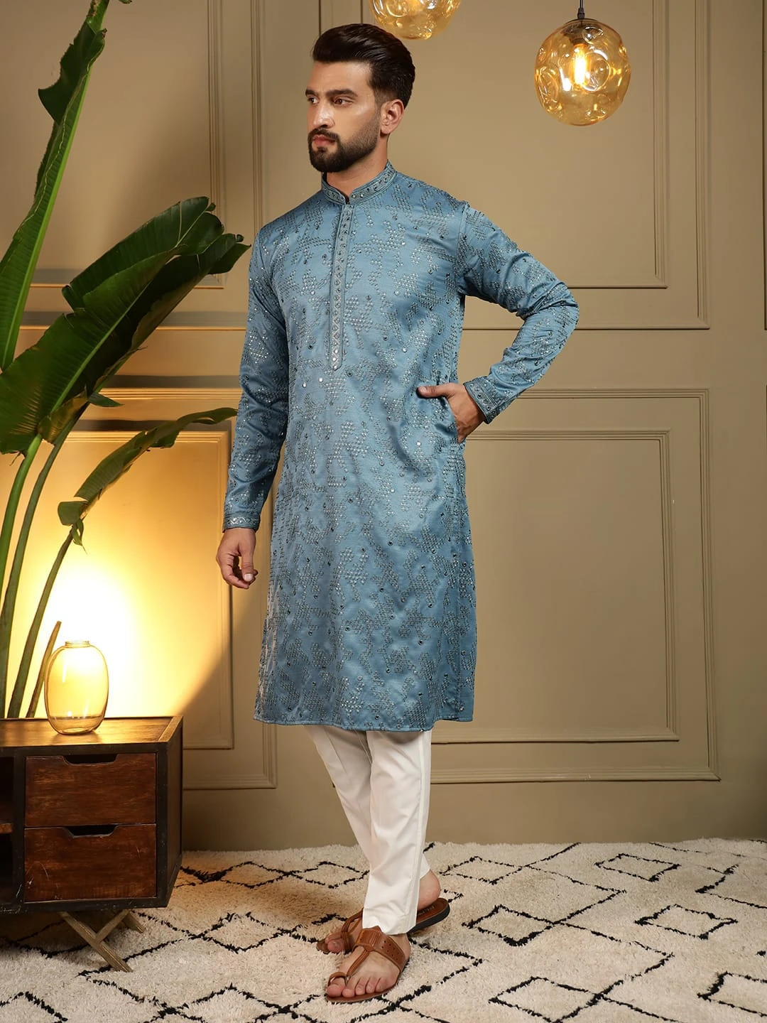 Men's Embroidery Mirror Work Kurta Pyjama